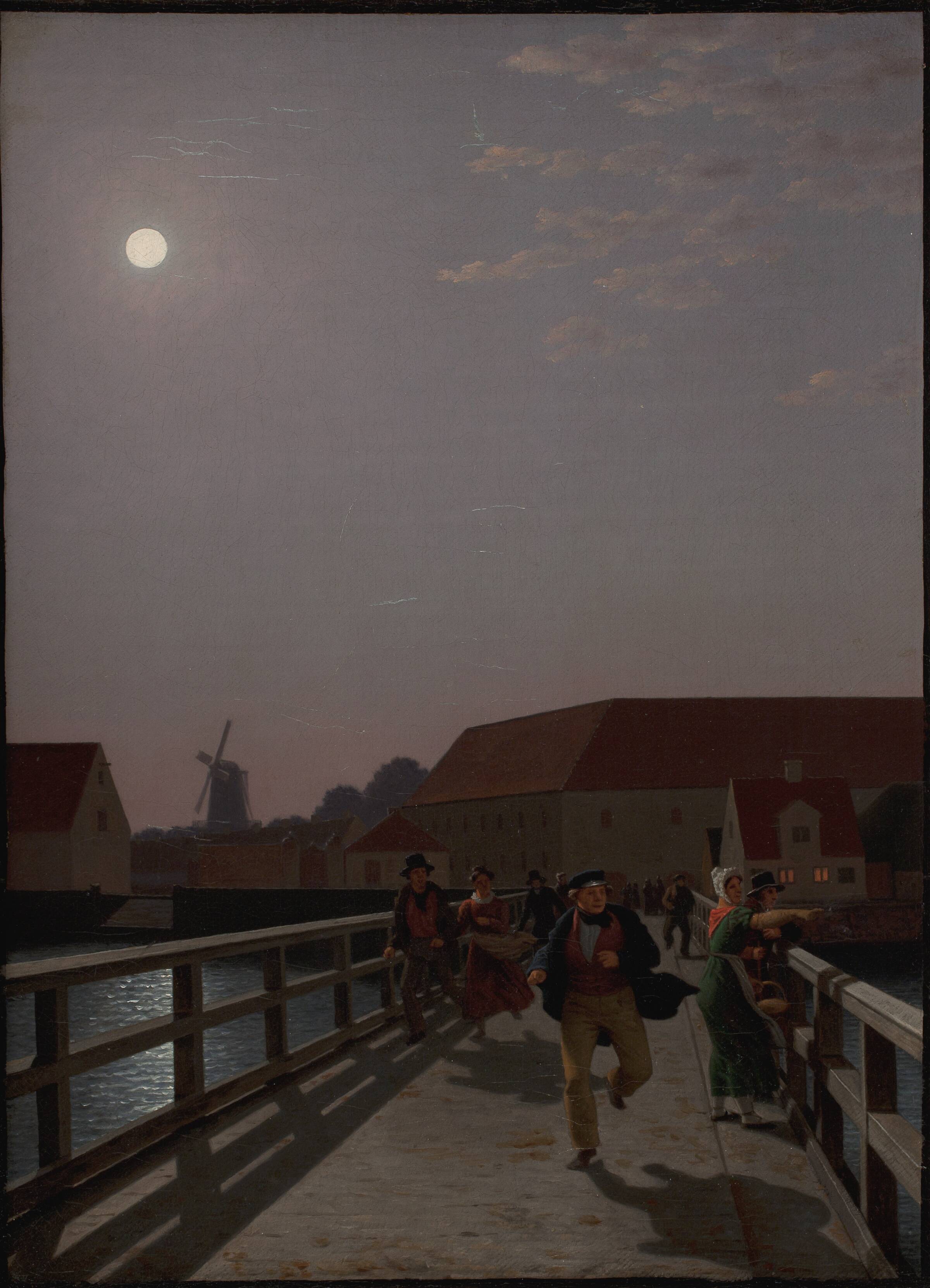 Langebro i måneskin med løbende figurer, C.W. Eckersberg, 1836