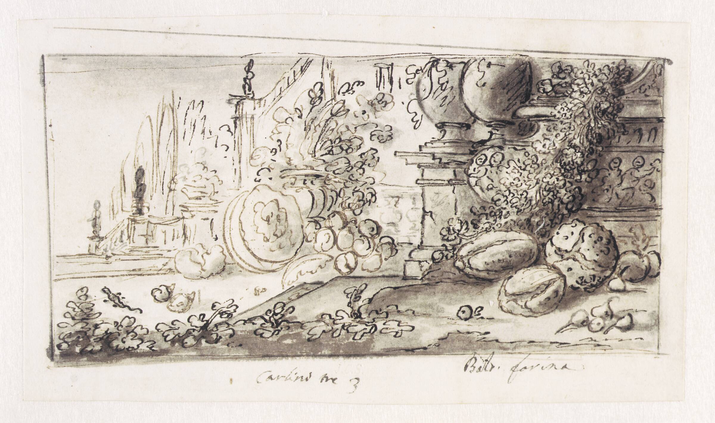 Stilleben i en park, Baldassare Farina, 1672-1696