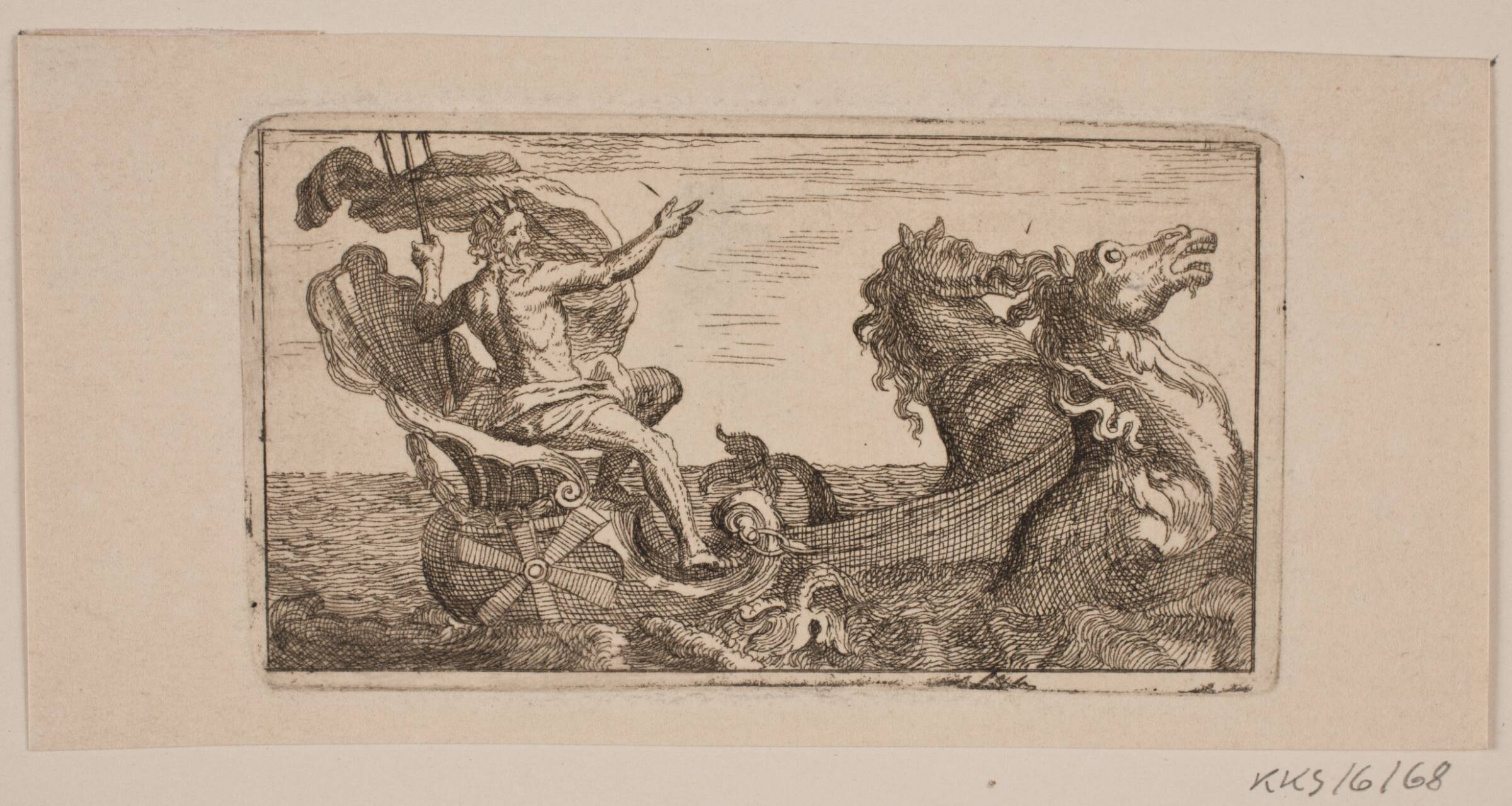 Neptun. Illustration til Jacob Fosie, "Lære-Klude [...] eller Prøver paa Kaaber, Slibe, Grunde, Naale, Etz-Vand, Sverte, Viske, Lade og Trykke fra Aar 1741 til Aar 1743", Jacob Fosie, 1741-1745