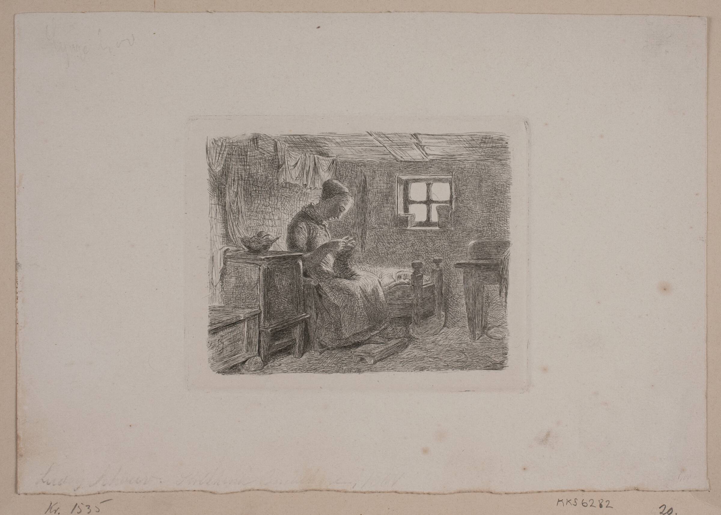 Bondestue med en strikkende kone, L.A. Schou, 1864