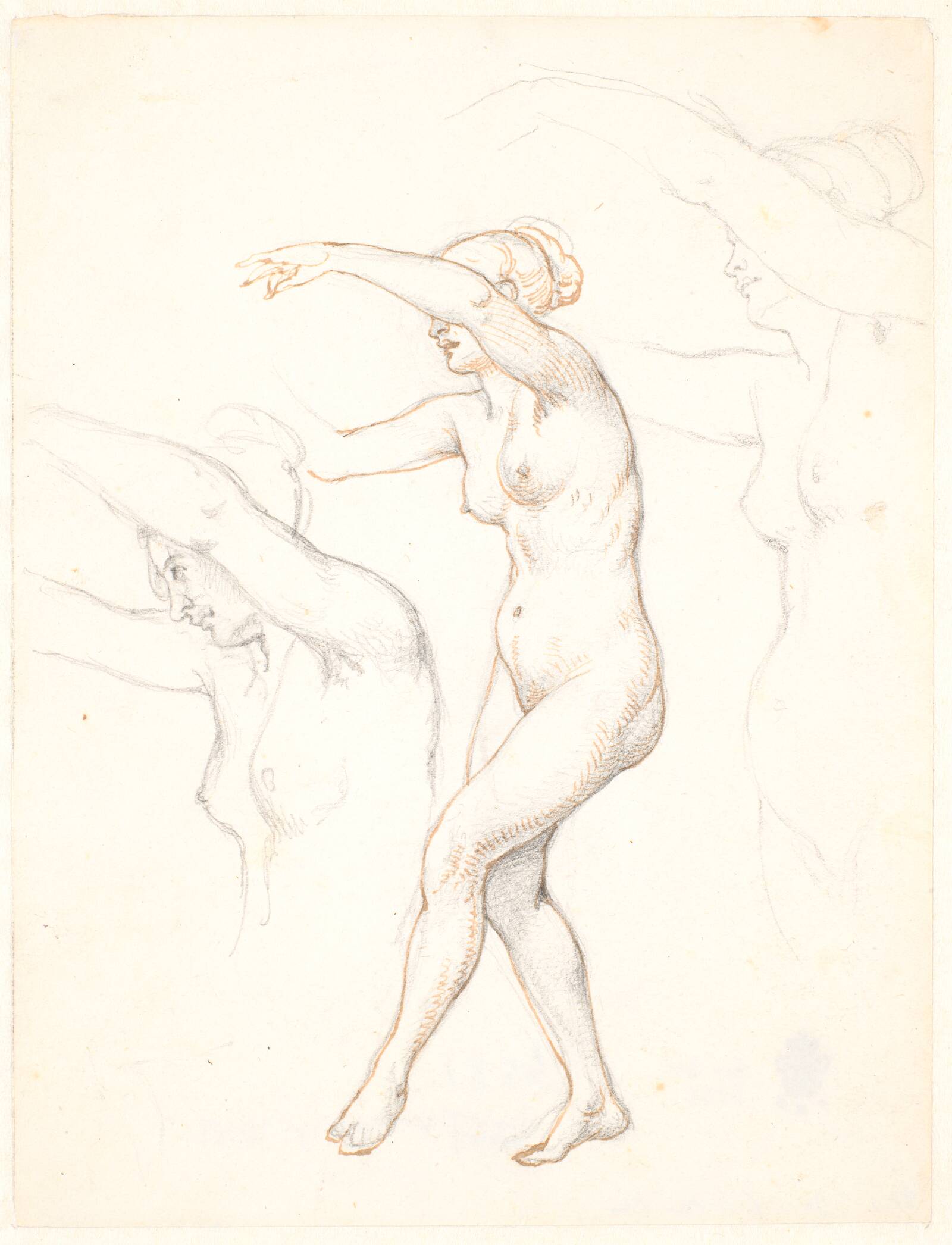 Blad med tre studier af nøgen dansende kvinde, Wilhelm Marstrand, 1839
