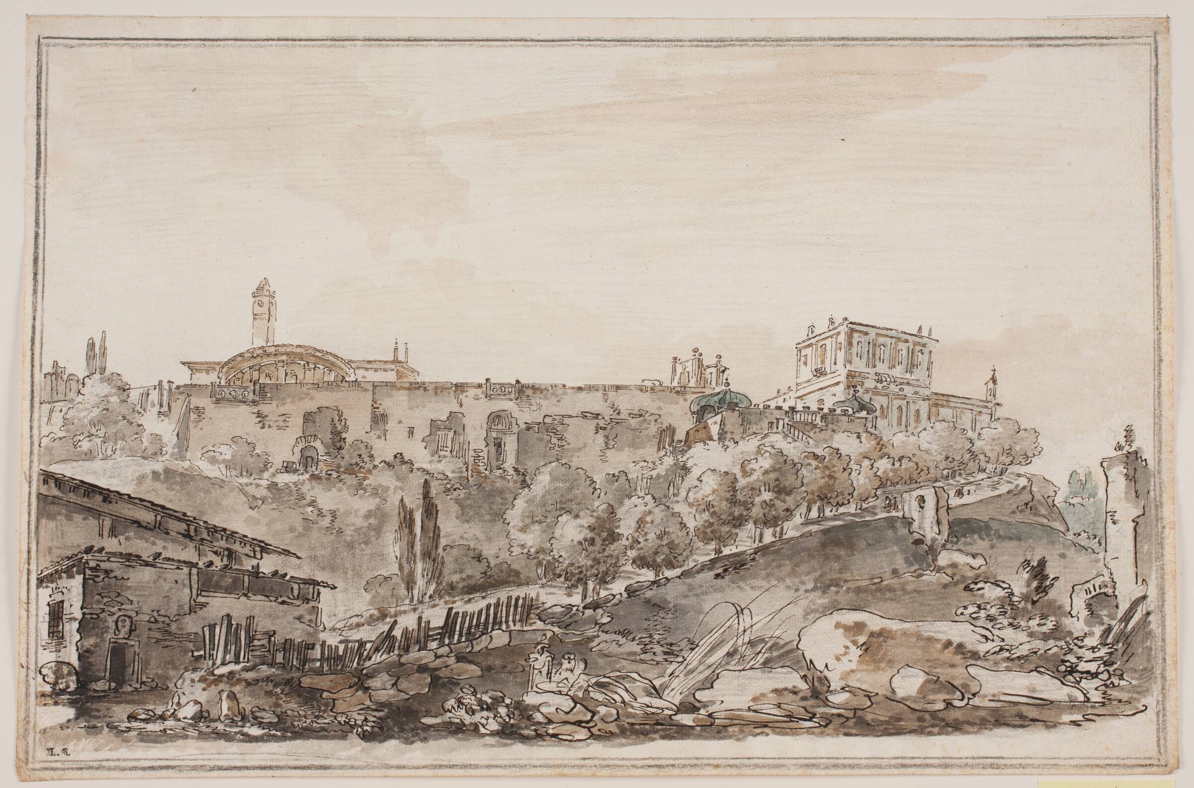 By prospekt med palads og kirke omgivet af mur, Jens Petersen Lund, 1730-1793