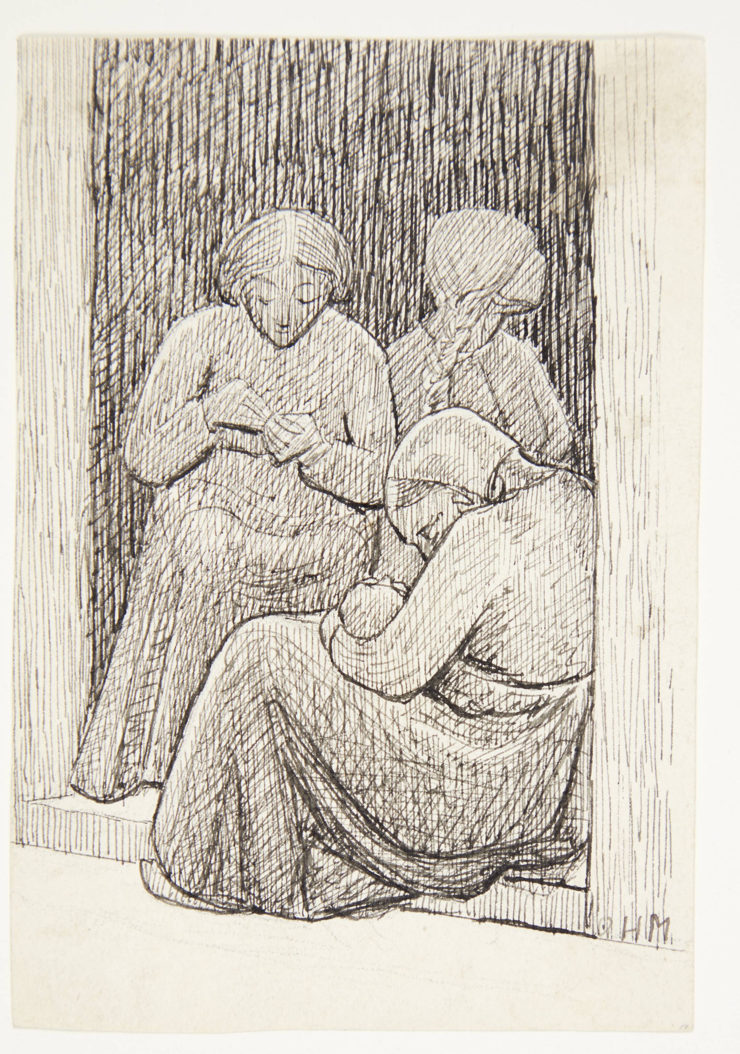 Tre kvinder, den ene med et barn, siddende i en dør, Olivia Holm-Møller, 1905-1910