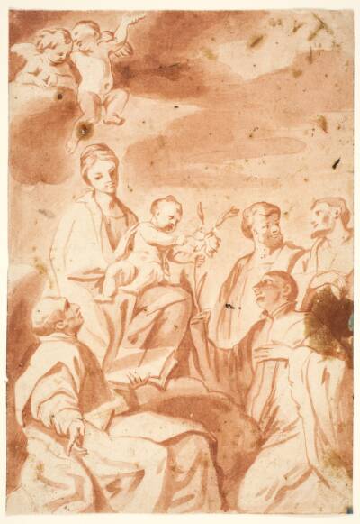Jomfru Maria og barnet tronende med helgerne Ignatius af Loyola, Francis Xavier, Kosmas og Damian