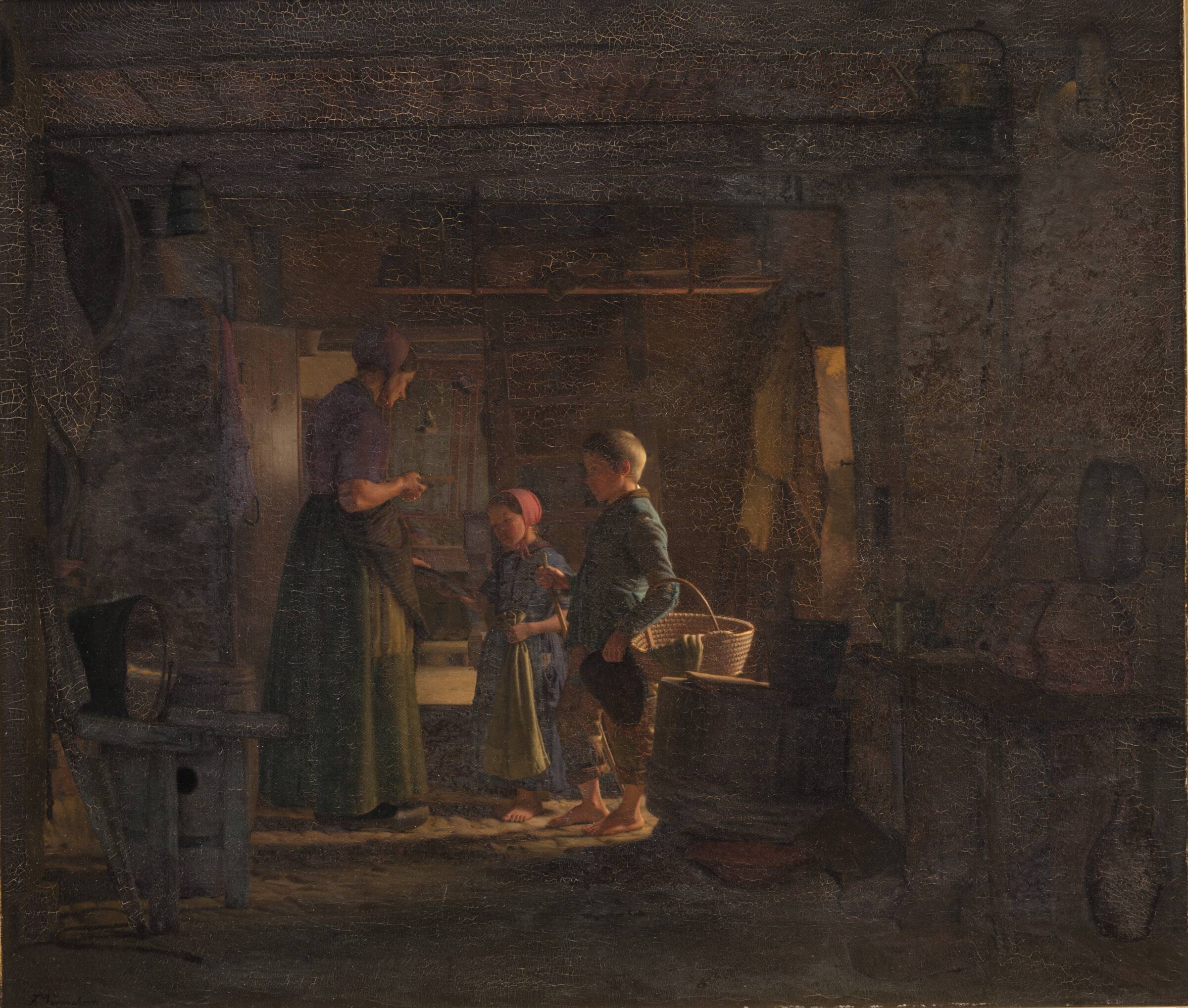 To tiggerbørn i et bondekøkken, Frederik Vermehren, 1860