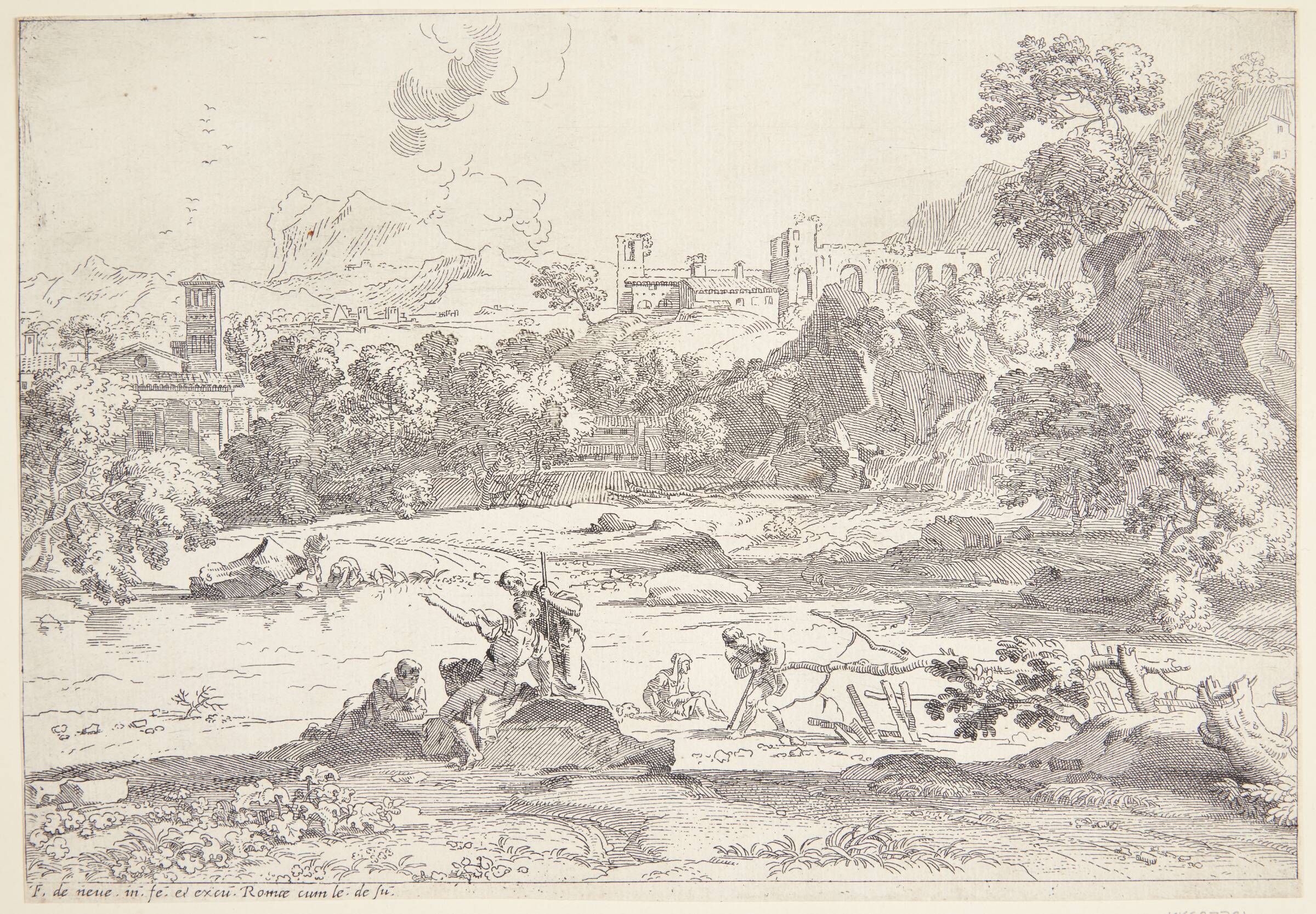 Landskab med hyrder og kvinder, der vasker tøj i en flod, Franciscus de Neve, 1606-1688
