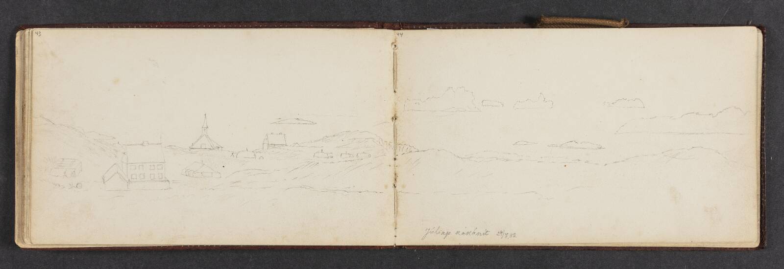 Skitse af en bebyggelse med kirke, Lars Møller, 1883