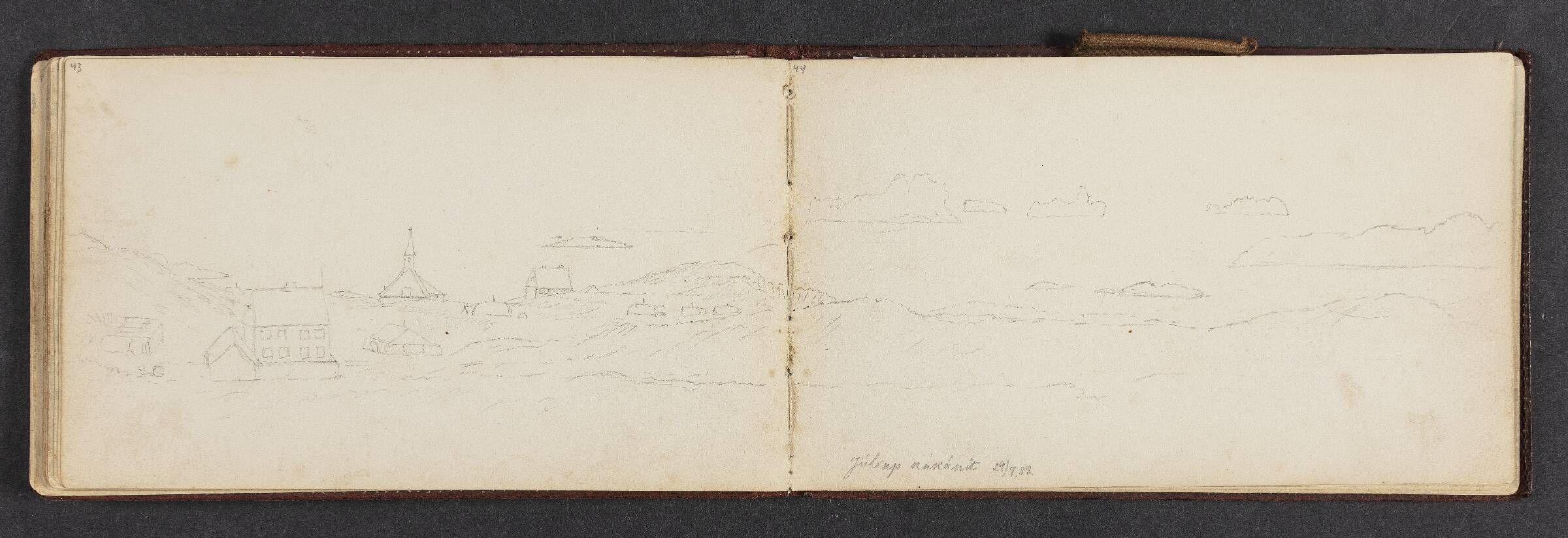 Skitse af en bebyggelse med kirke, Lars Møller, 1883