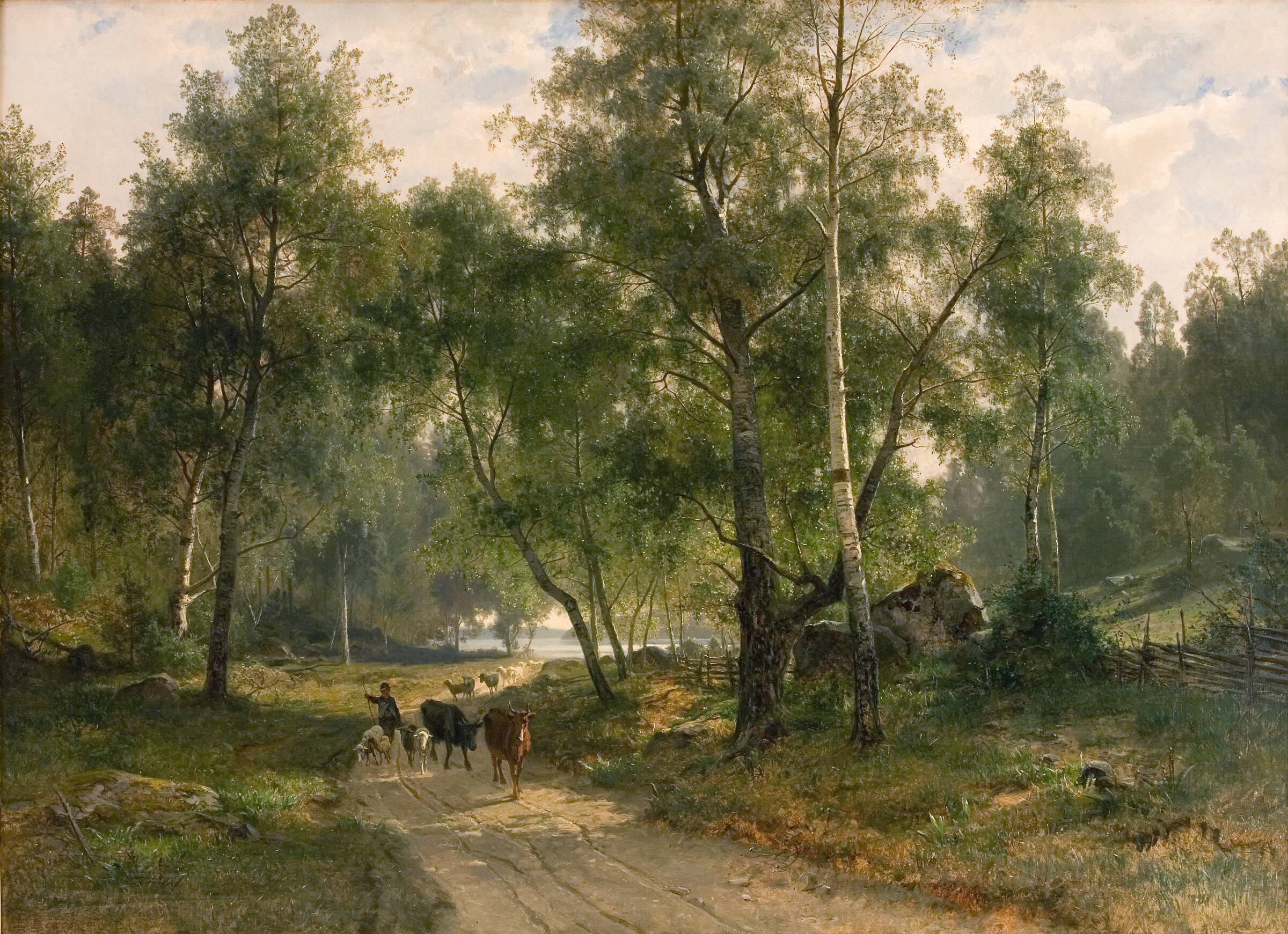 Under birkene. Motiv fra Mälaren, Edvard Bergh, 1870