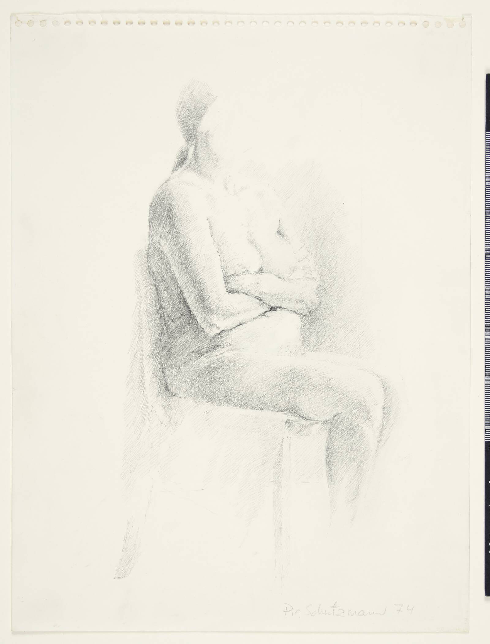 Siddende nøgen kvindelig model, Pia Schutzmann, 1974