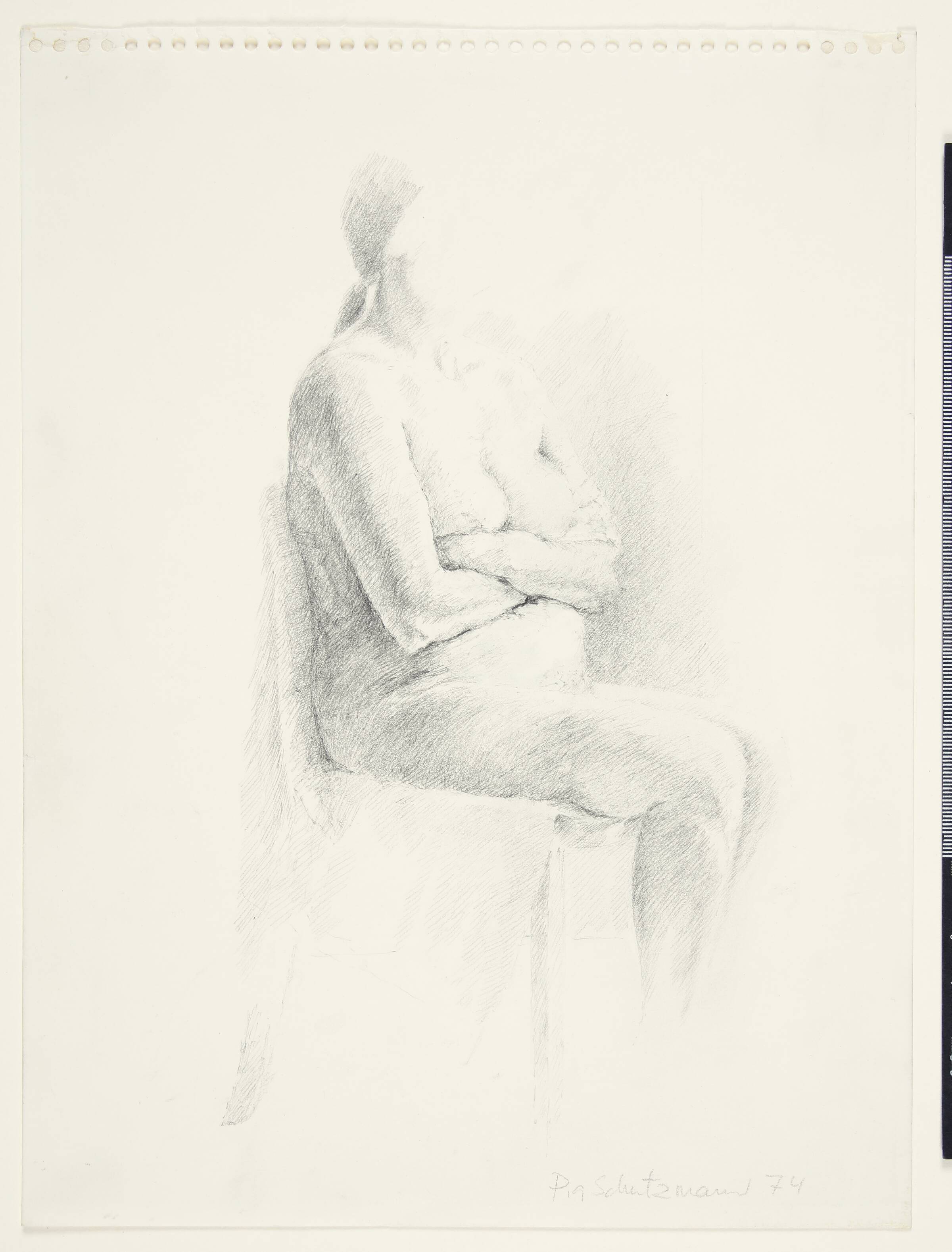 Siddende nøgen kvindelig model, Pia Schutzmann, 1974