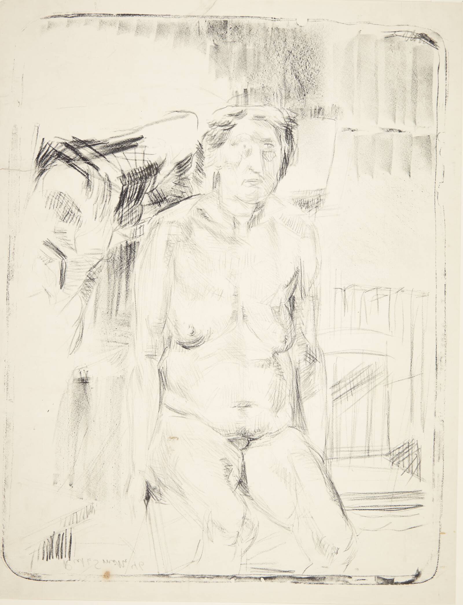 Siddende kvindelig model i interiør, Ruth Smith, 1946