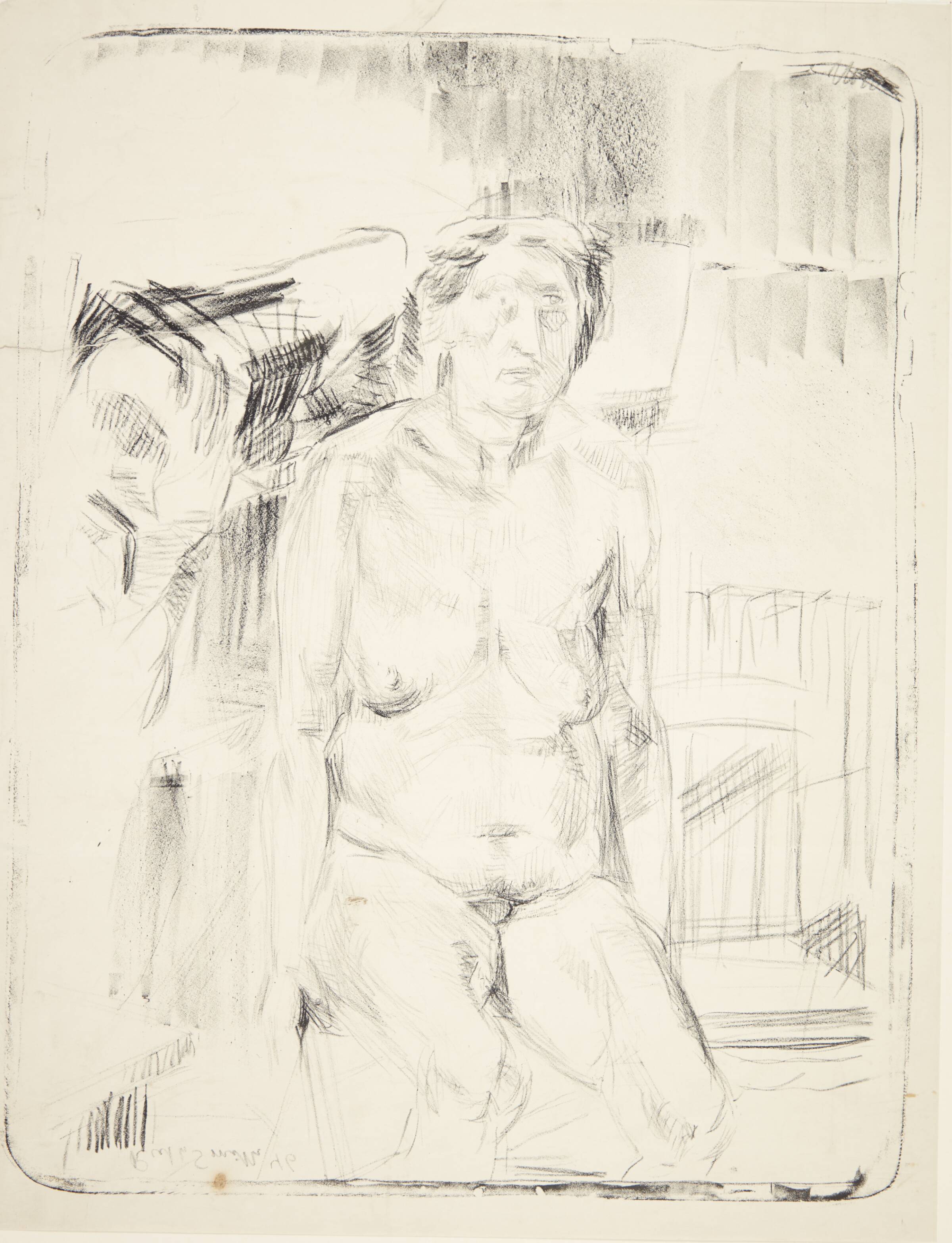 Siddende kvindelig model i interiør, Ruth Smith, 1946