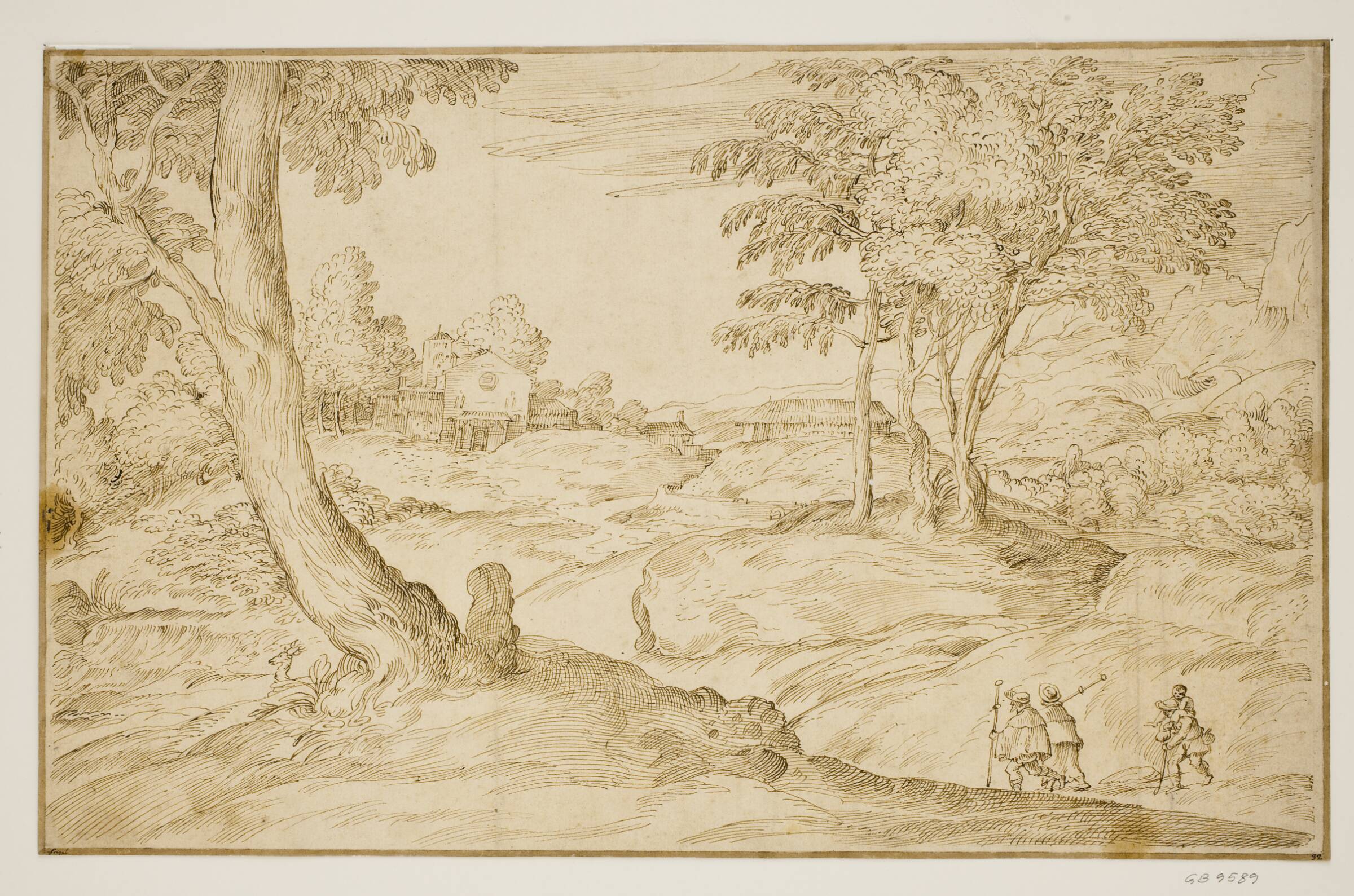 Landskab med pilgrimme på vej til en kirke, Domenico Campagnola, 1500-1564