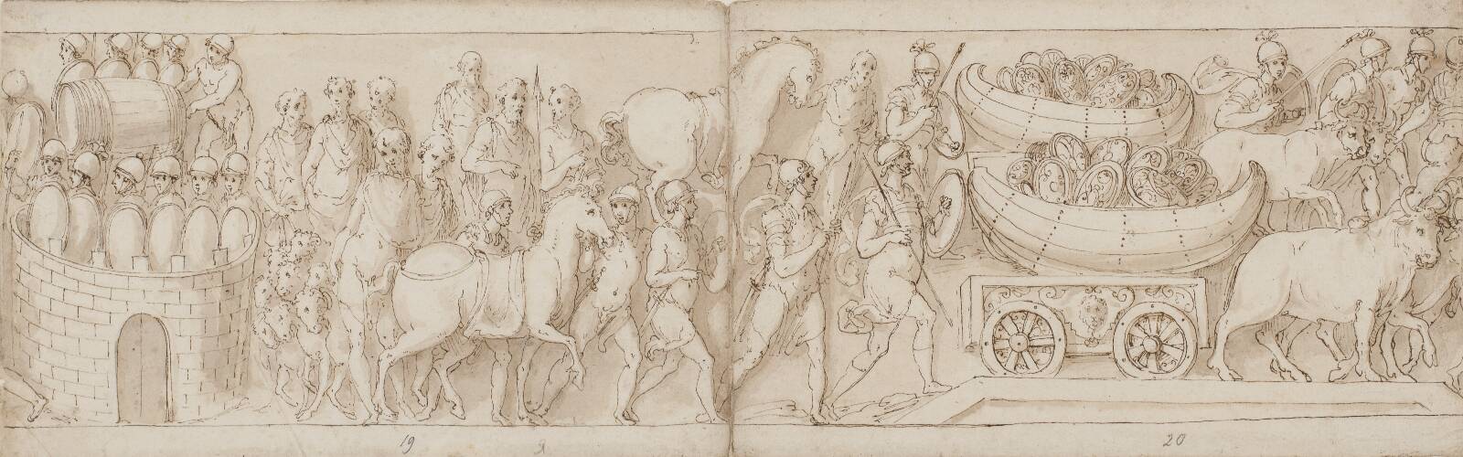 The besieged Romans receive reinforcements from the other side (end of CIX, CX), the Romans on the march with the emperor; shields in boats are pulled over a bridge on ox-carts, by Giovanni Guerra, 1544-1618