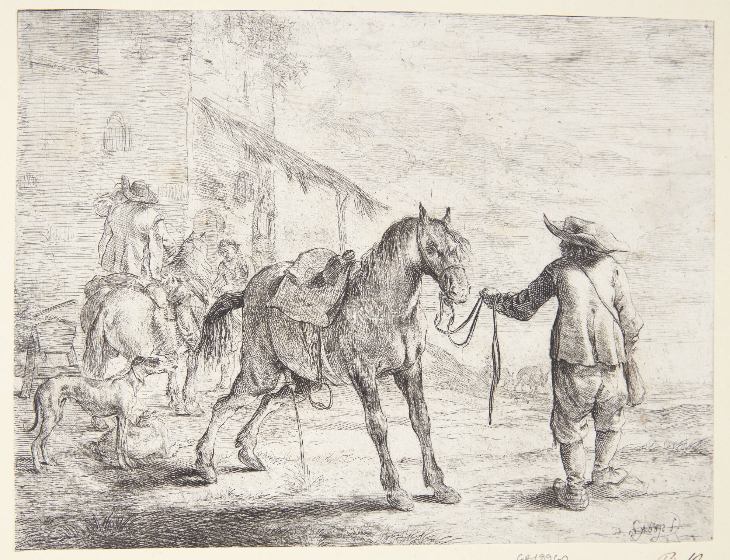 Pissende hest, en mand holder den i tøjlerne, Dirk Stoop, 1651