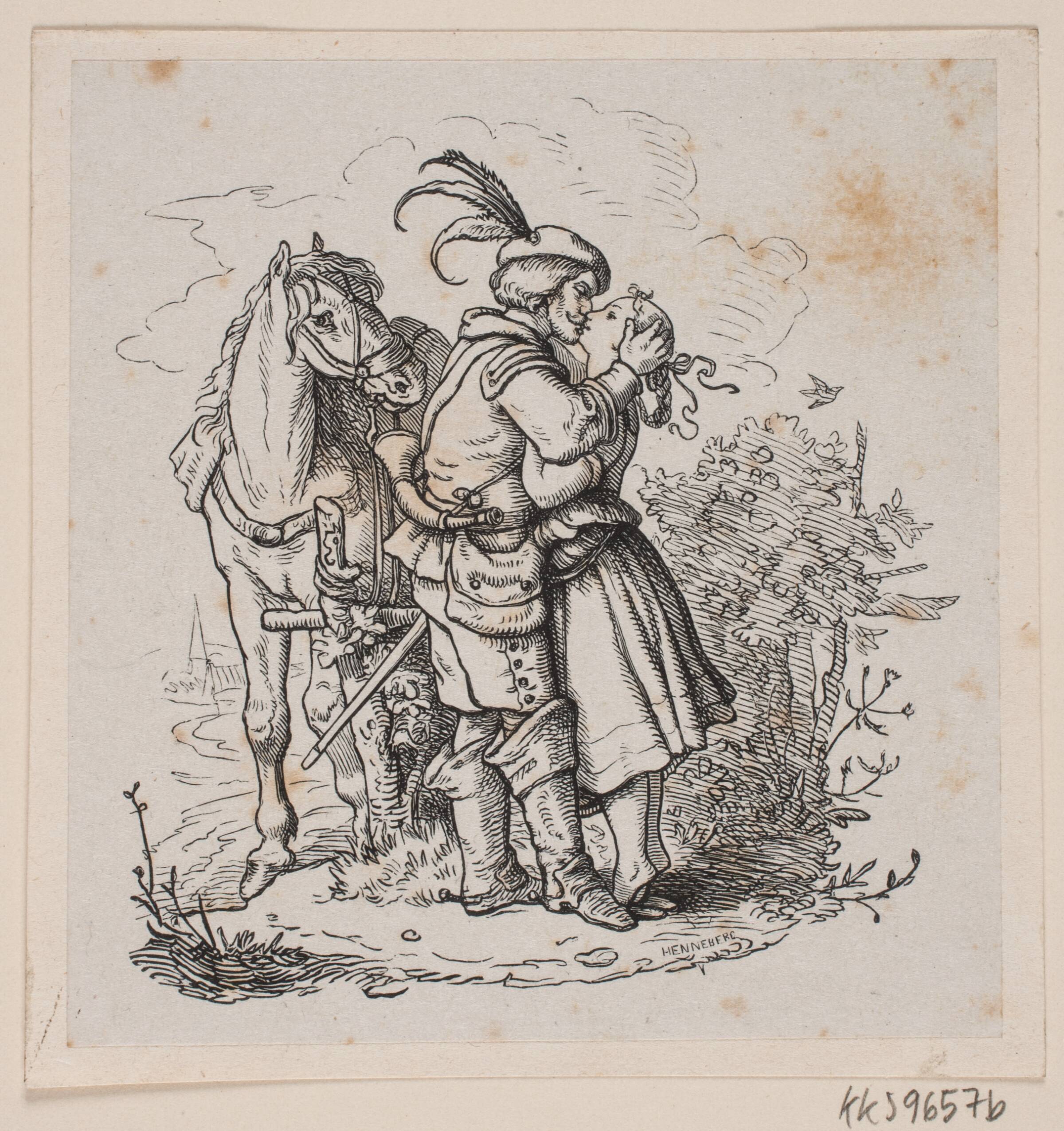 En rytter kysser en ung pige, H.C. Henneberg, 1826-1893