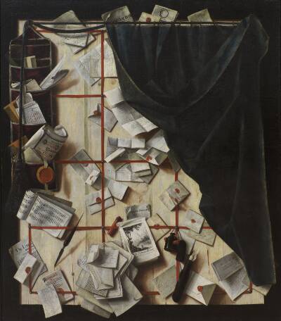 Trompe l'oeil. Brevvæg med kamfoder og nodehæfte.