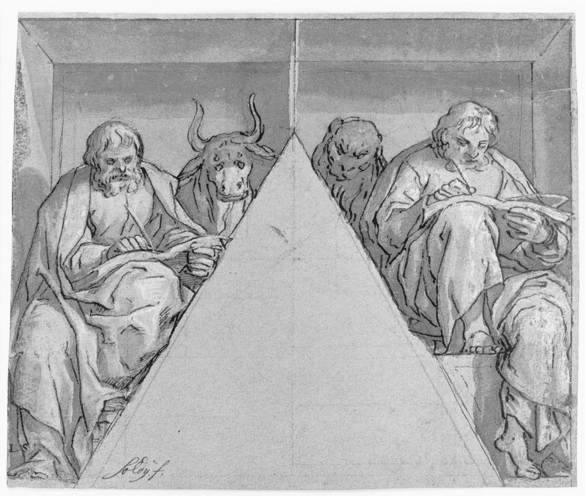 Evangelisterne Lukas og Markus på hver sin side af et trekantet felt, Lazzaro Tavarone, 1556-1641