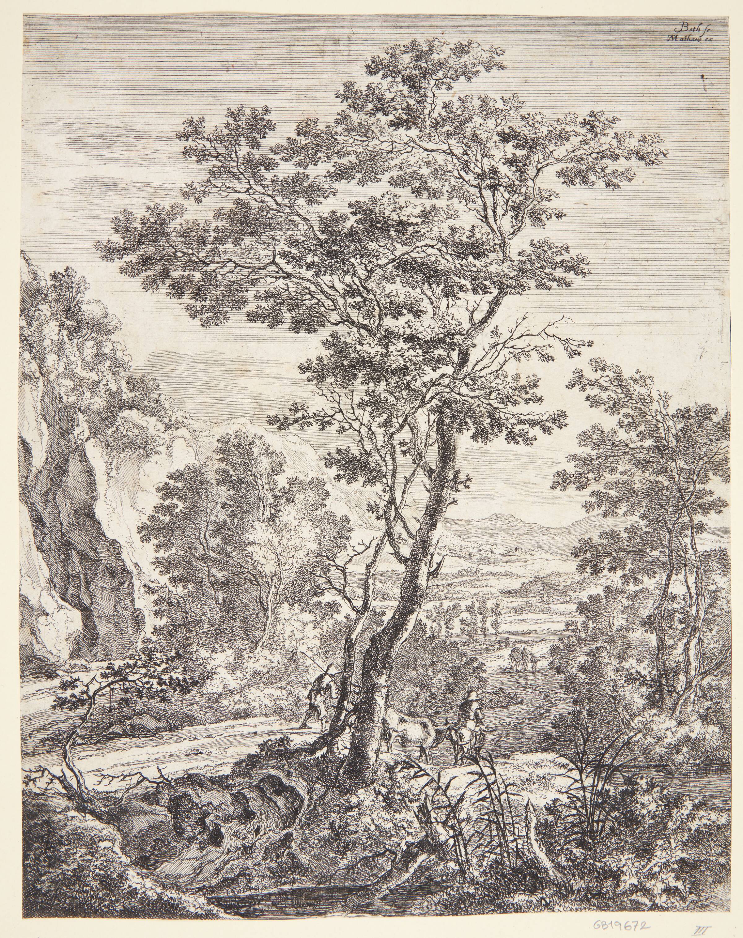 Landskab med et stort træ og en vej med bønder og kvæg, Jan Both, 1618-1654