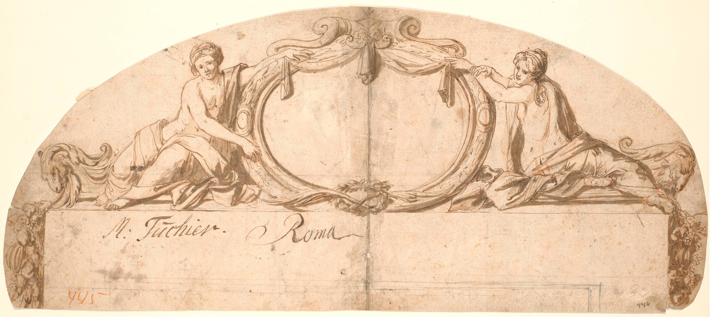 Dekorativt udkast. Kartouche holdt af to siddende kvinder, Marcus Tuscher, 1731-1831