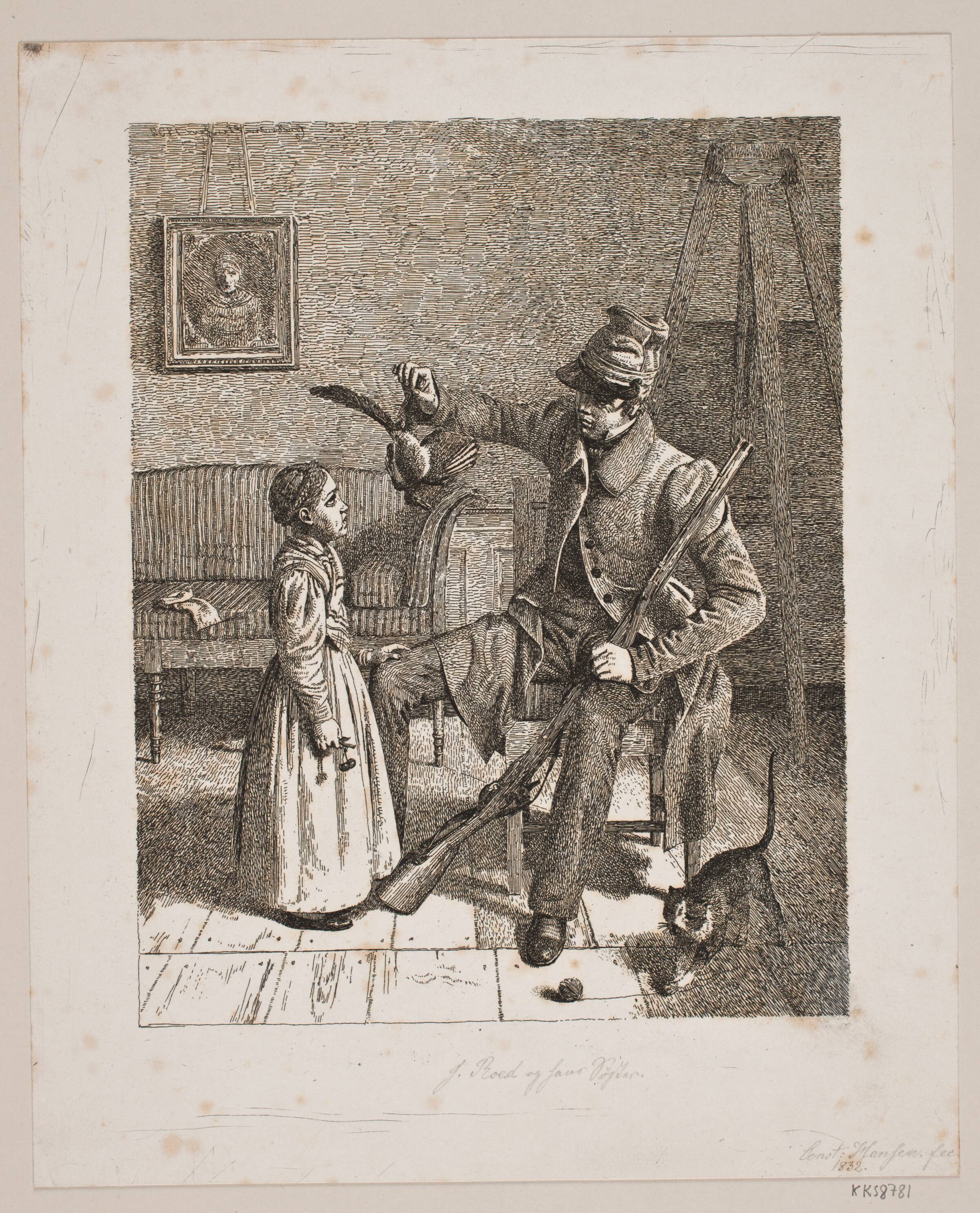 En jæger som viser en lille pige sit bytte, Constantin Hansen, 1832
