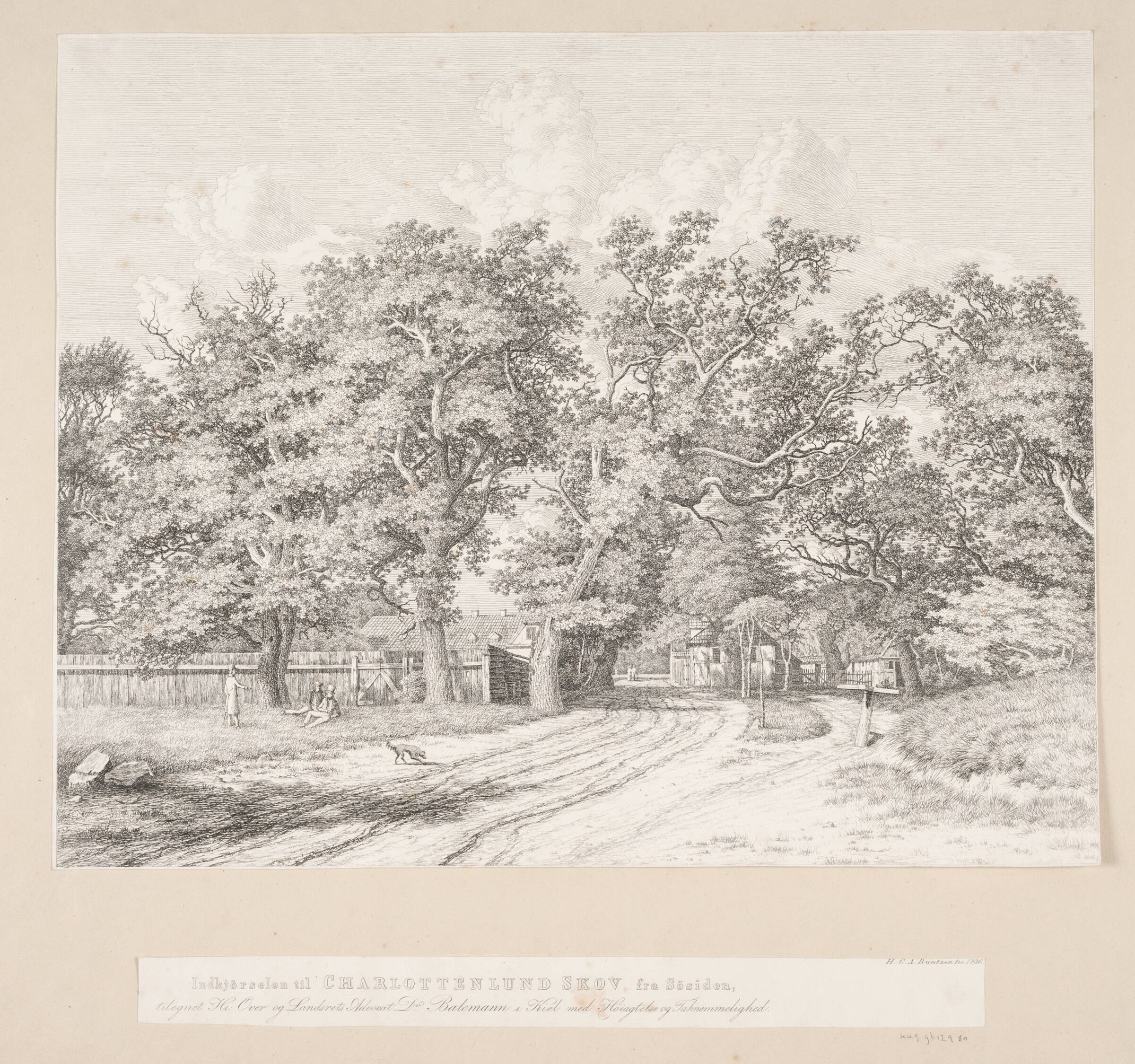 Indkørselen til Charlottenlund Skov fra søsiden, Heinrich Buntzen, 1836