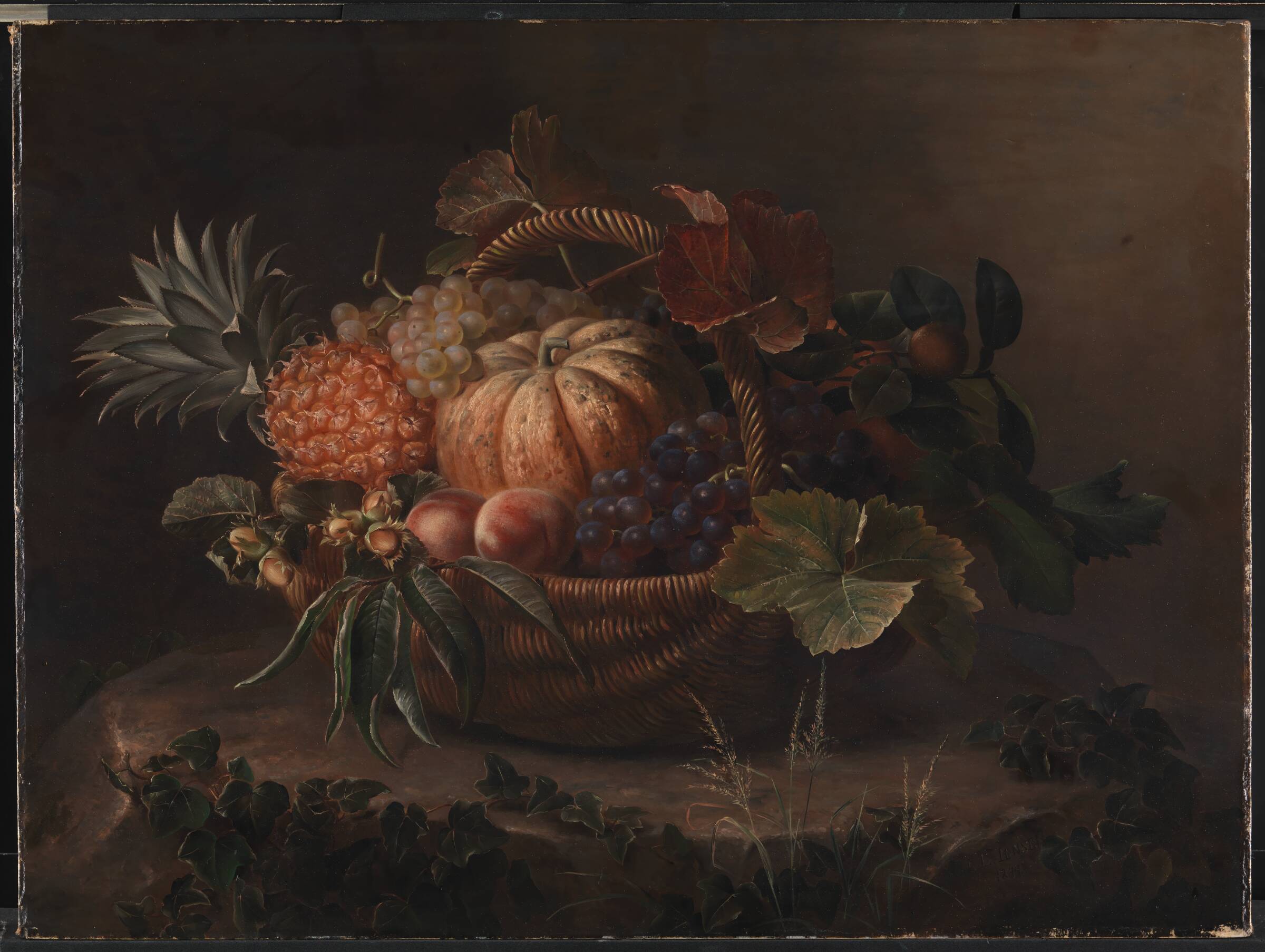 En kurv med frugter på en træstub, J.L. Jensen, 1844