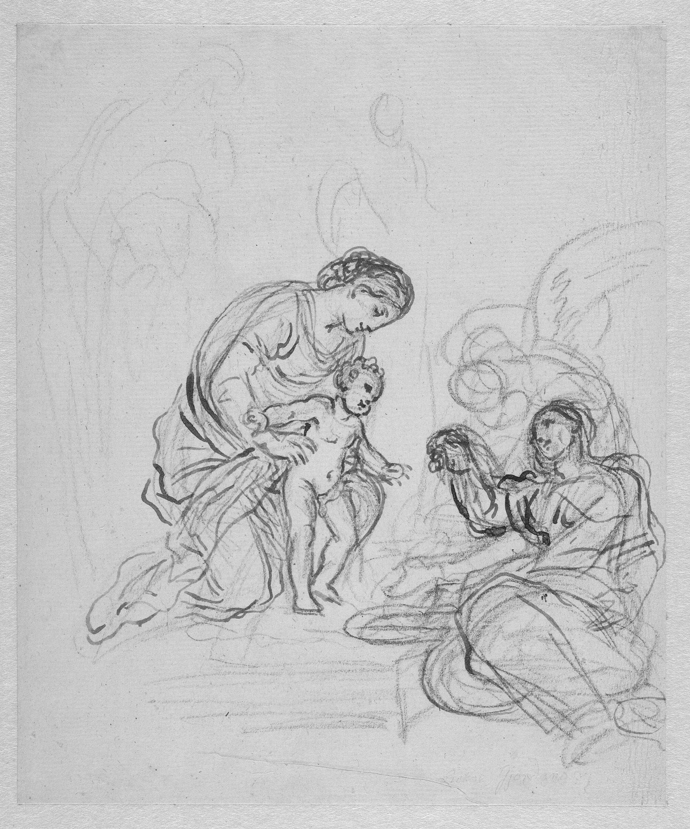 Jomfru Maria og barnet med en knælende kvindelig helgen og tre svagt skitserede figurer, en af dem af en engel, Francesco la Marra, 1710-1780