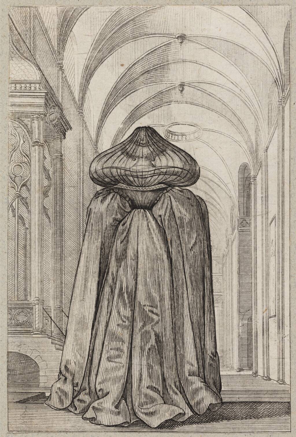 Fransk adelskvinde i sørgedragt, set fra ryggen, Abraham Bosse, 1629