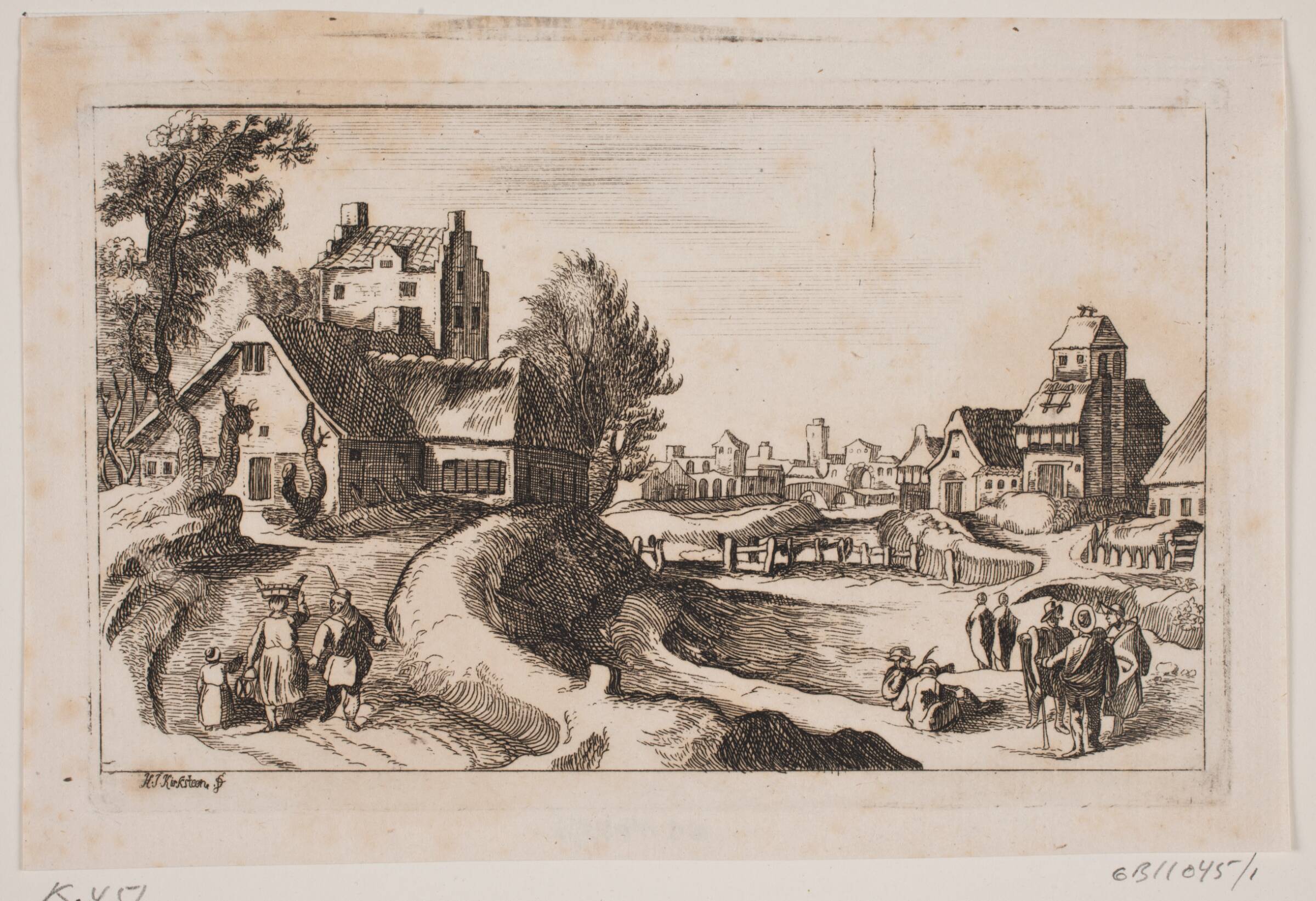 Landsby. Til venstre en vej med en kvinde med kurv på hovedet og et lille barn ved sin side, Hans Jørgen Kirksteen, 1746