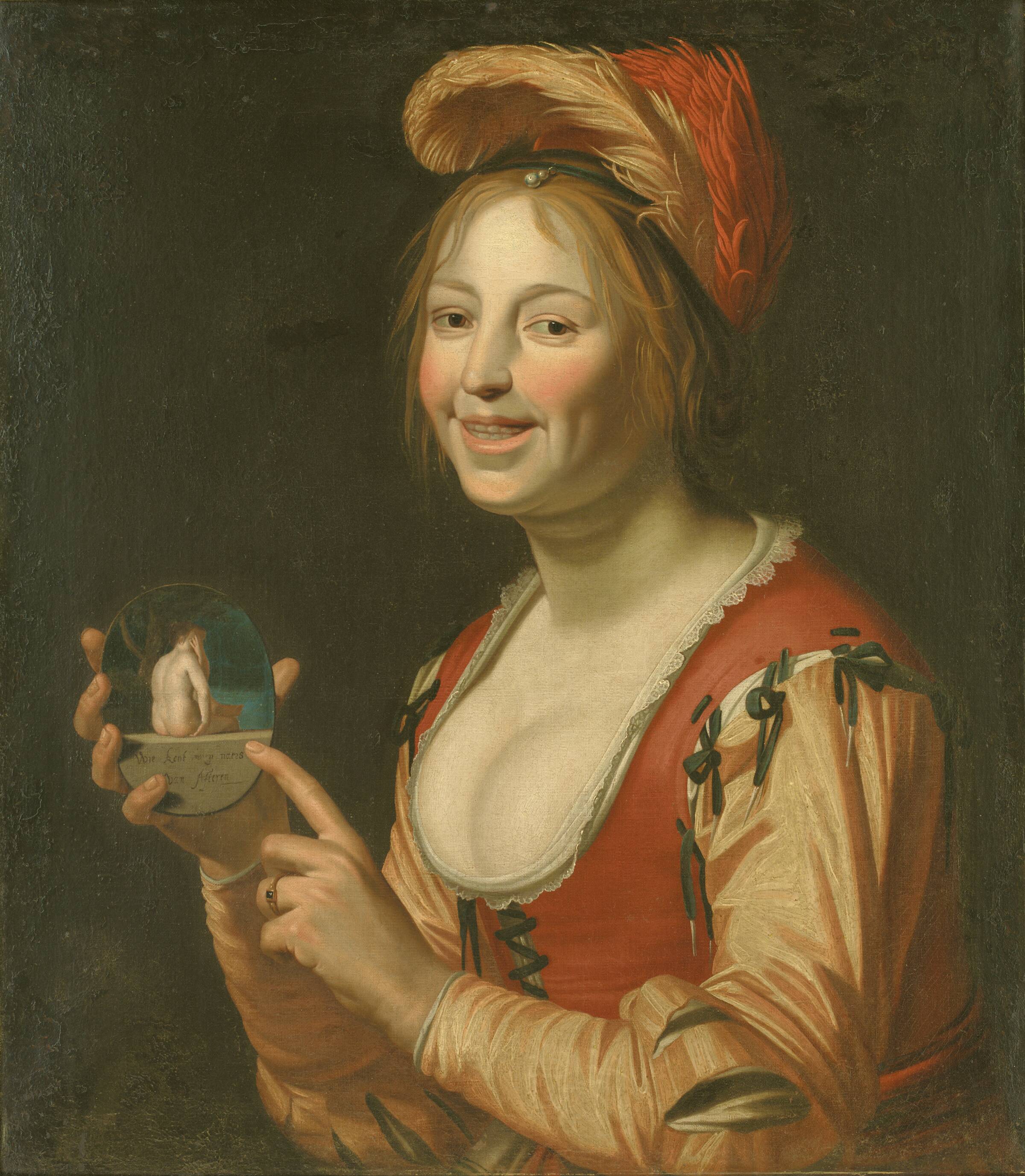 En leende pige, der fremviser et lille billede af en nøgen kvinde set bagfra, Jan van Bijlert, 1618-1671