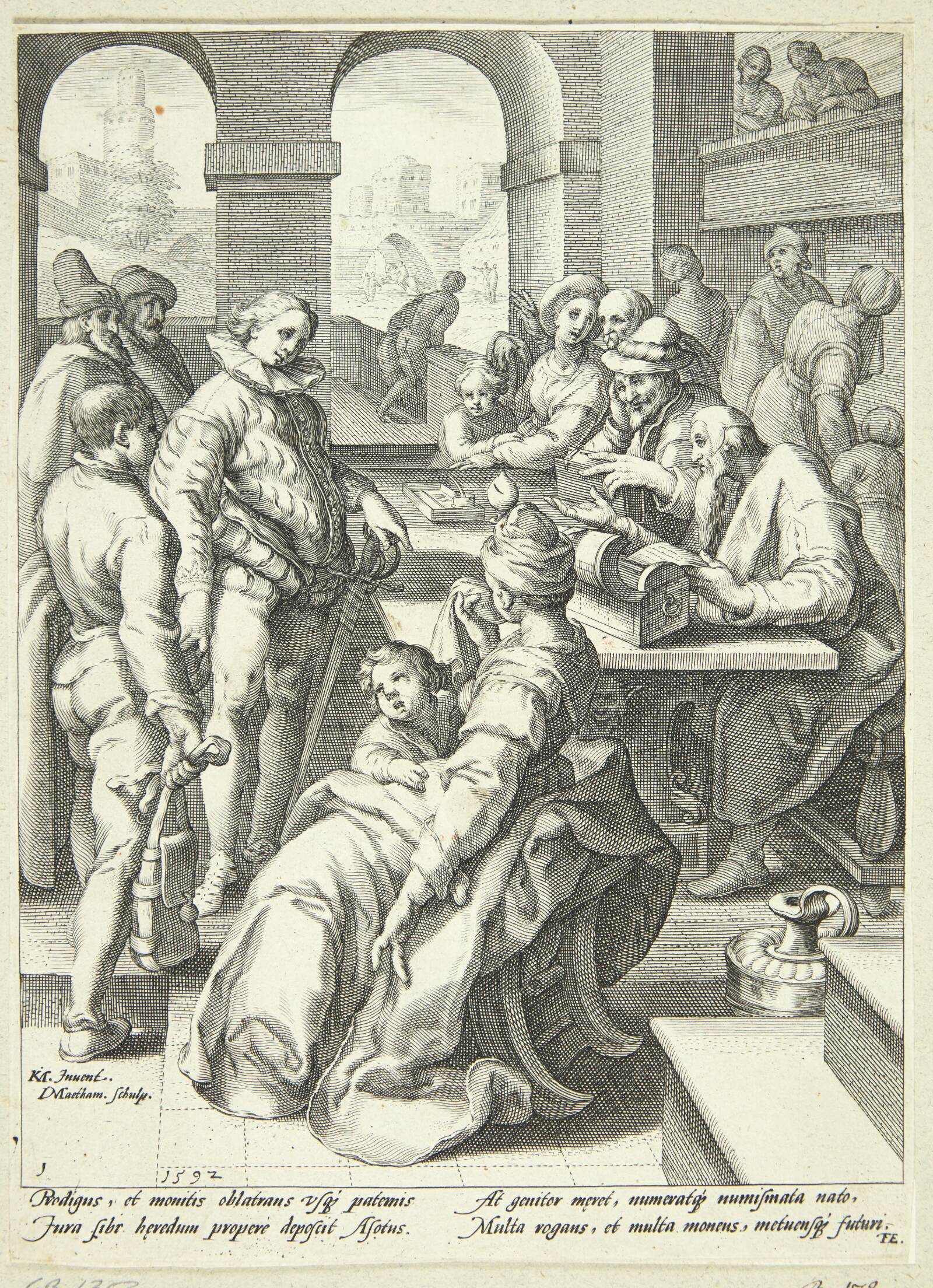 Den fortabte søn modtager sin arv, Jacob Matham, 1592