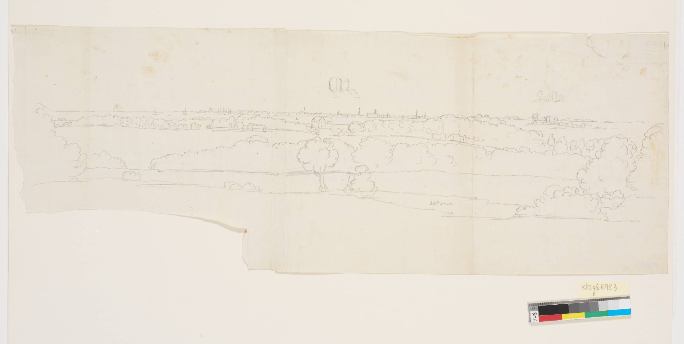 Prospekt med træer i forgunden, vand til venstre og by i baggrunden. Set mod København?, C.A. Lorentzen, 1746-1828
