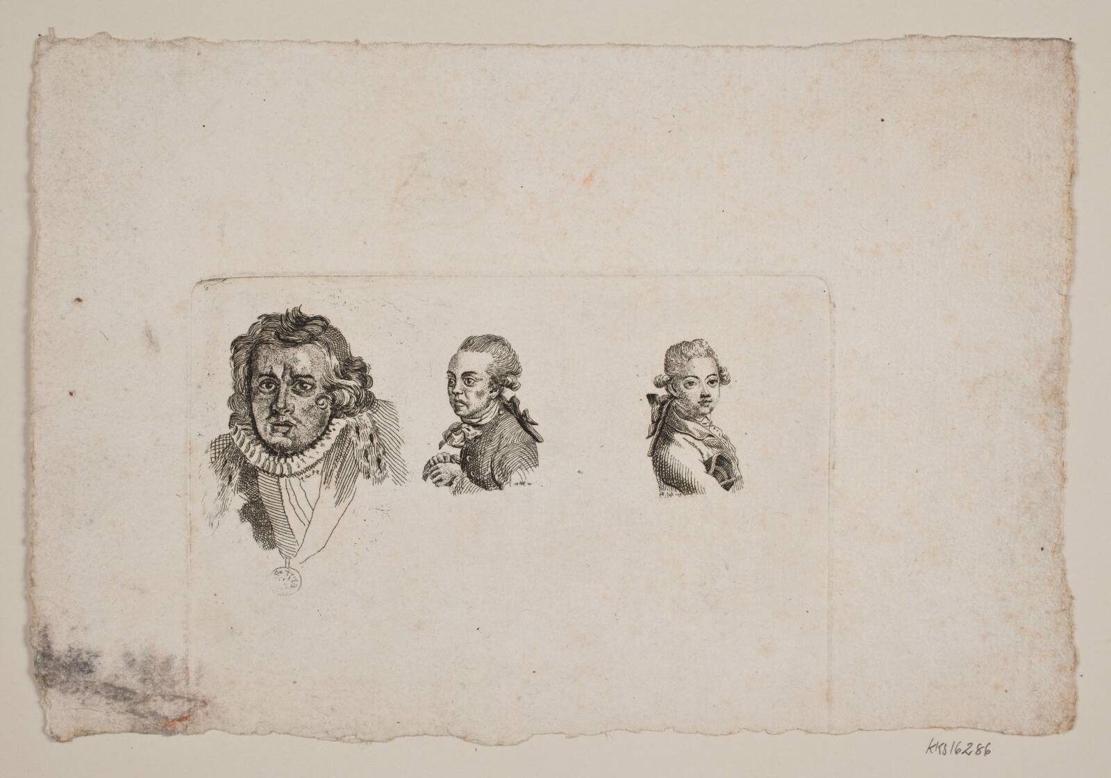 Prøveblad med tre mandshoveder, Gerhard Ludvig Lahde, 1789