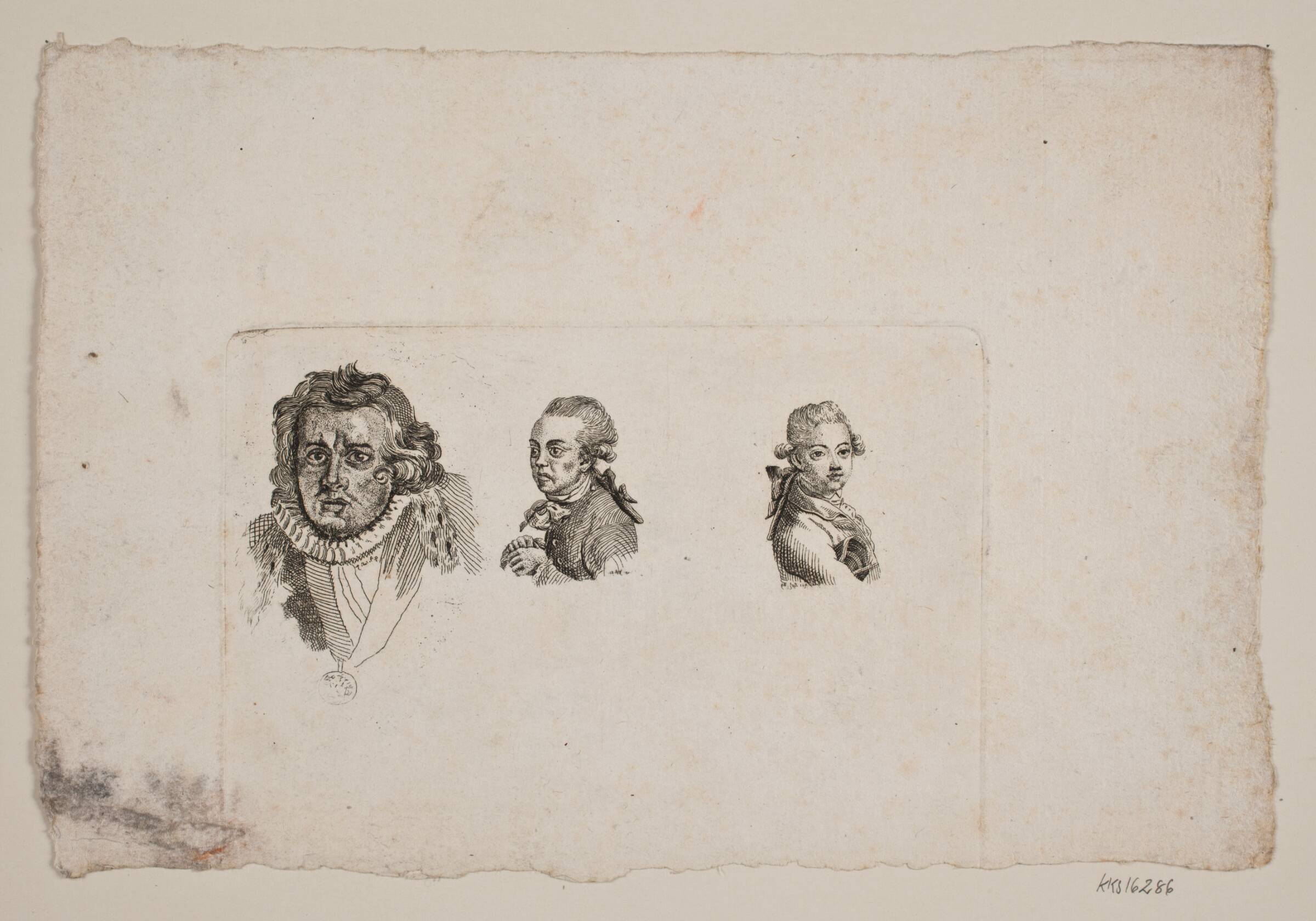Prøveblad med tre mandshoveder, Gerhard Ludvig Lahde, 1789