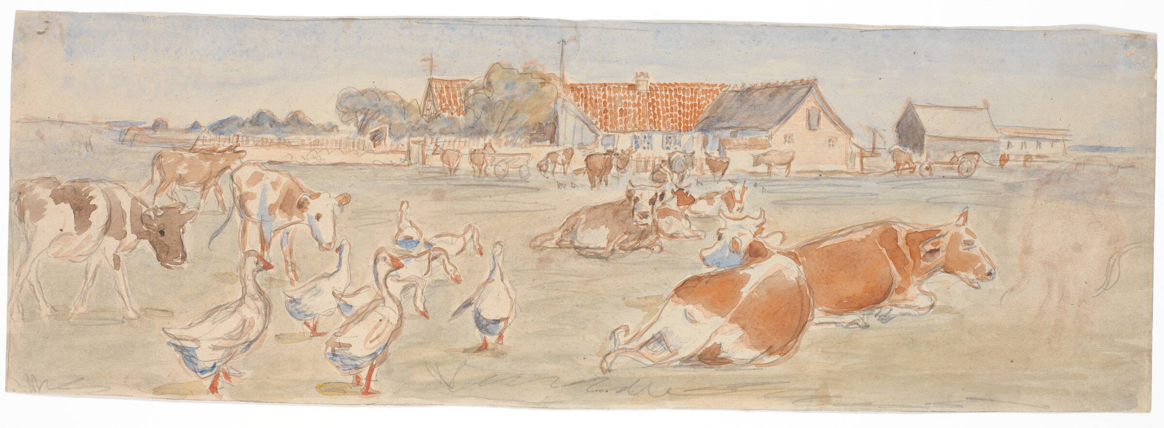 Køer og gæs ved Nyværk på Saltholm (udkast til dekoration af punchebolle), Theodor Philipsen, 1893