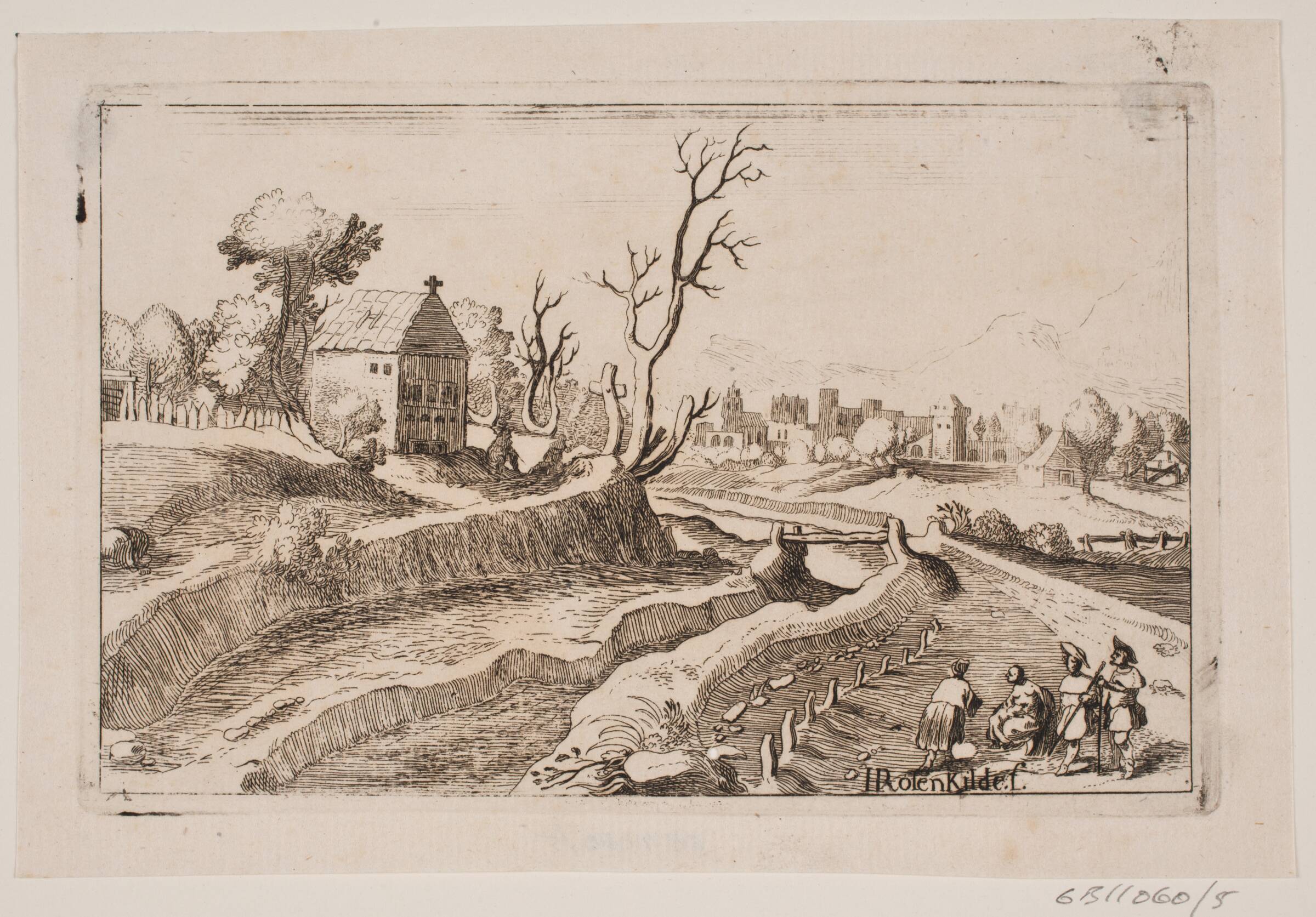 Landskab med kapel med et lille kors på gavlen, H. Rosenkilde, 1746