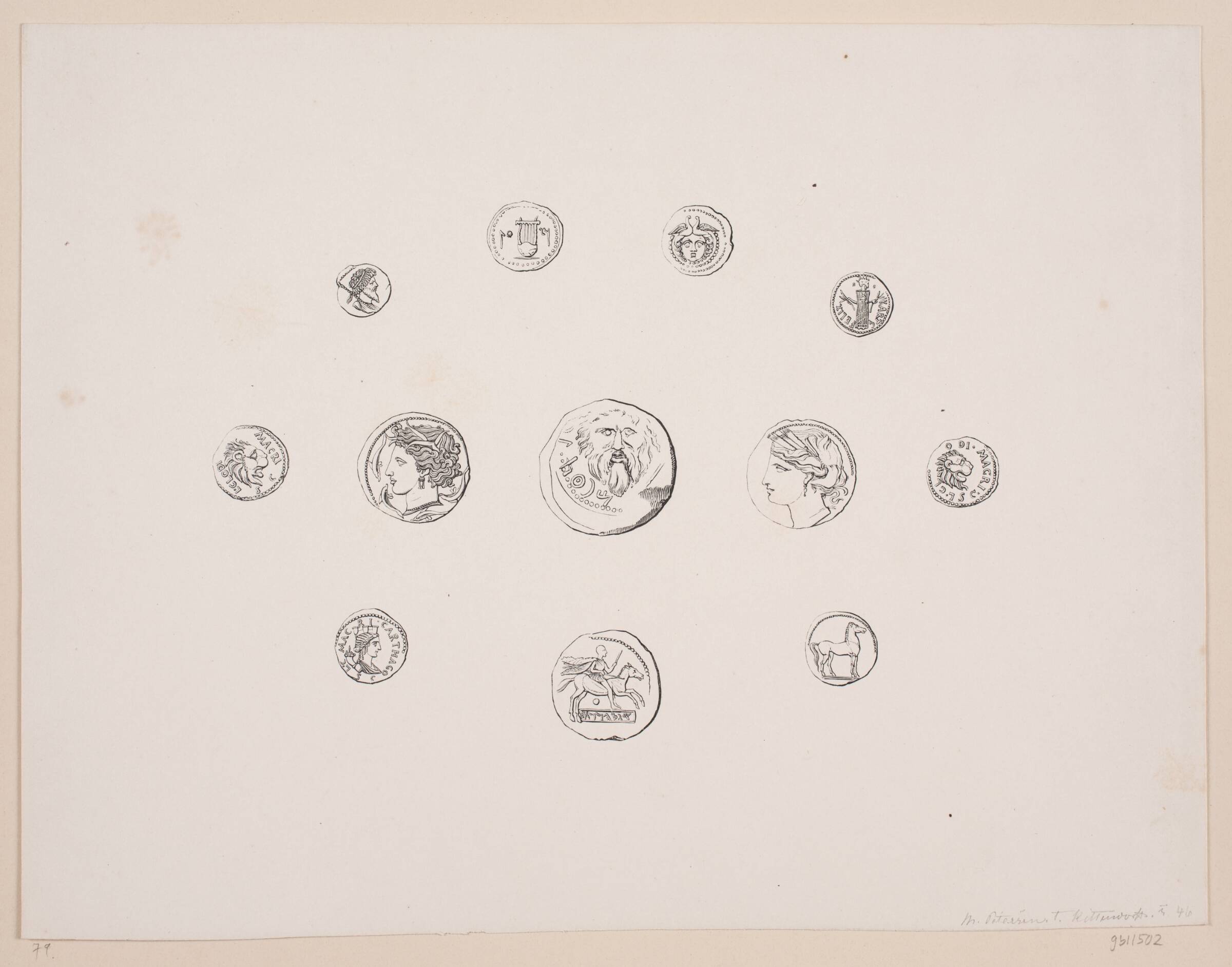 Blad med 12 forskellige antikke mønter, Axel Theodor Kittendorff, 1846