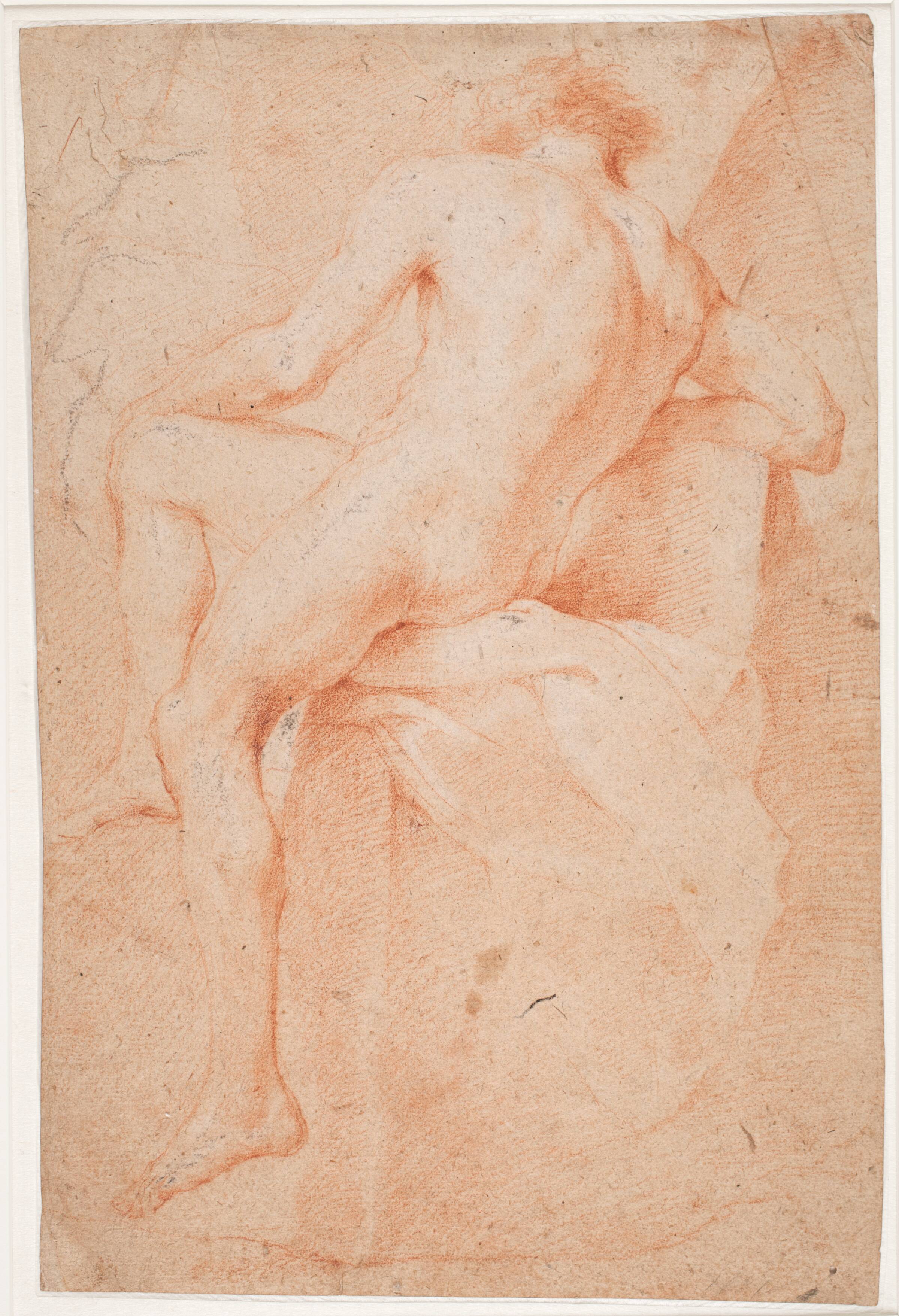 Mandlig modelstudie, siddende, set bagfra, Hendrik Krock, 1671-1738