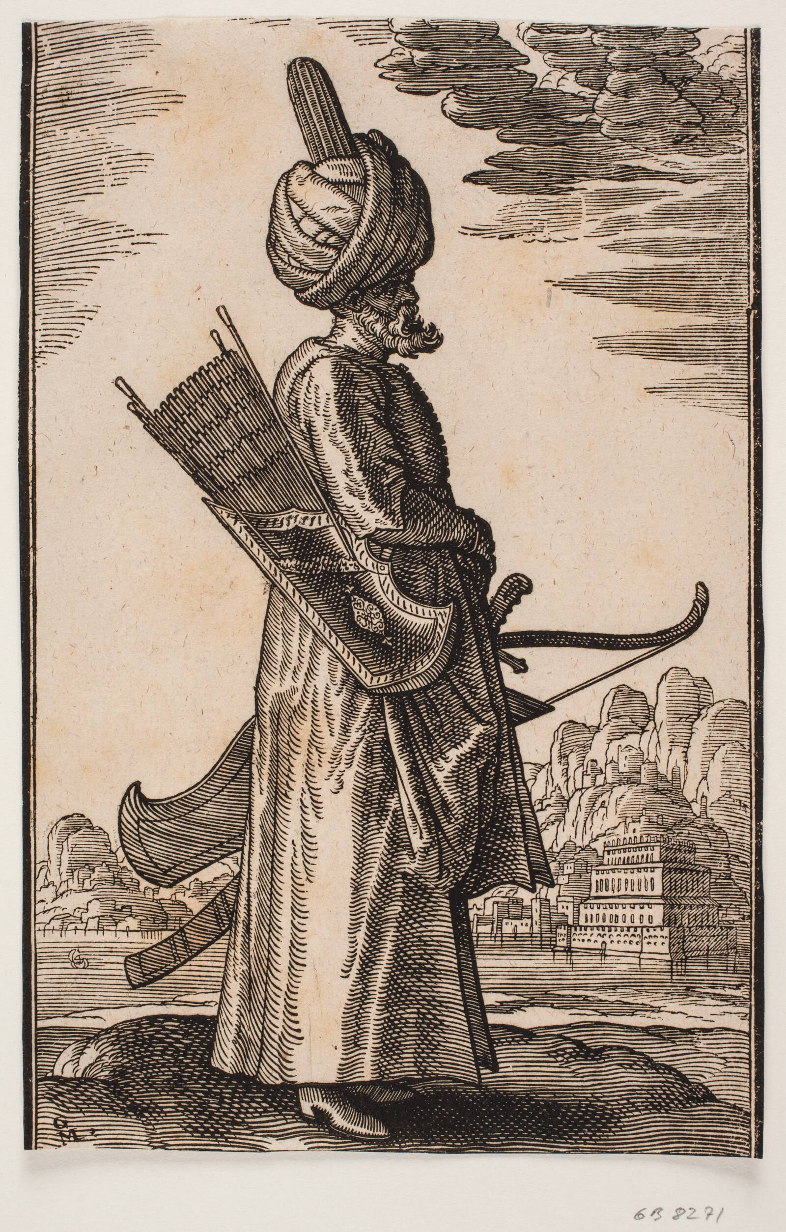 Stående bueskytte, profil mod højre, Melchior Lorck, 1575