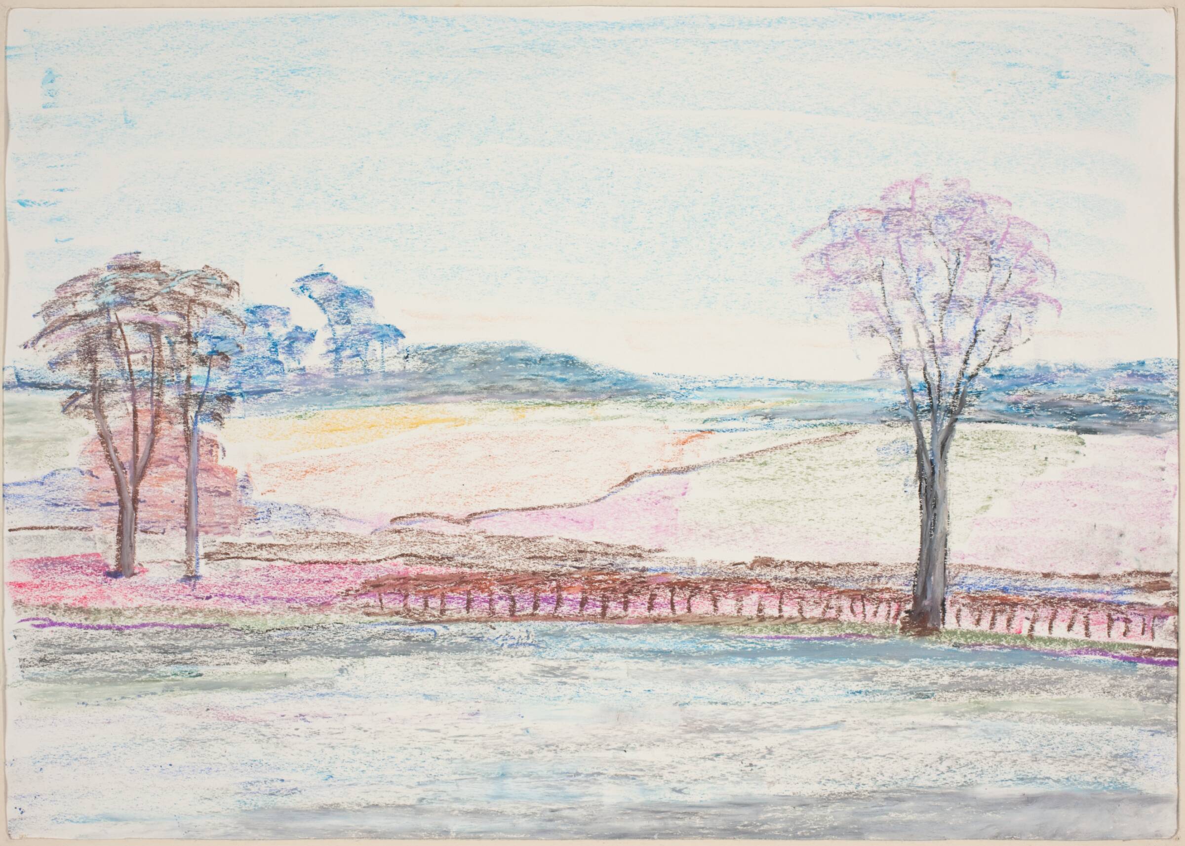 Vinterlandskab med tre træer og et hegn i forgrunden, Henrik Starcke, 1899-1973