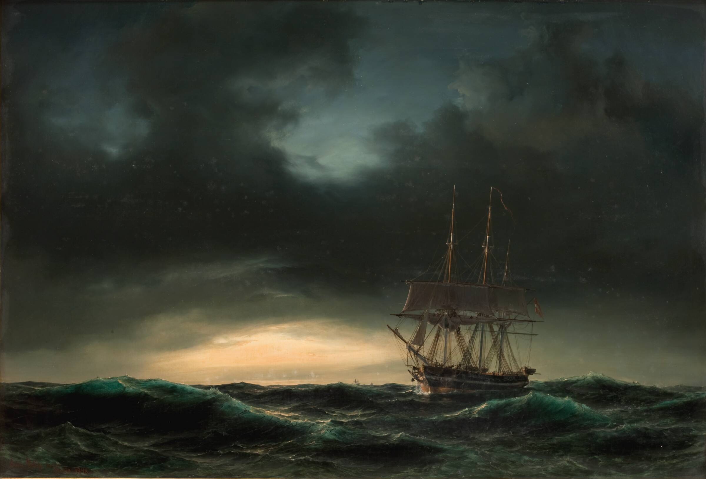En dansk korvet i rum sø efter en storm, Anton Melbye, 1848