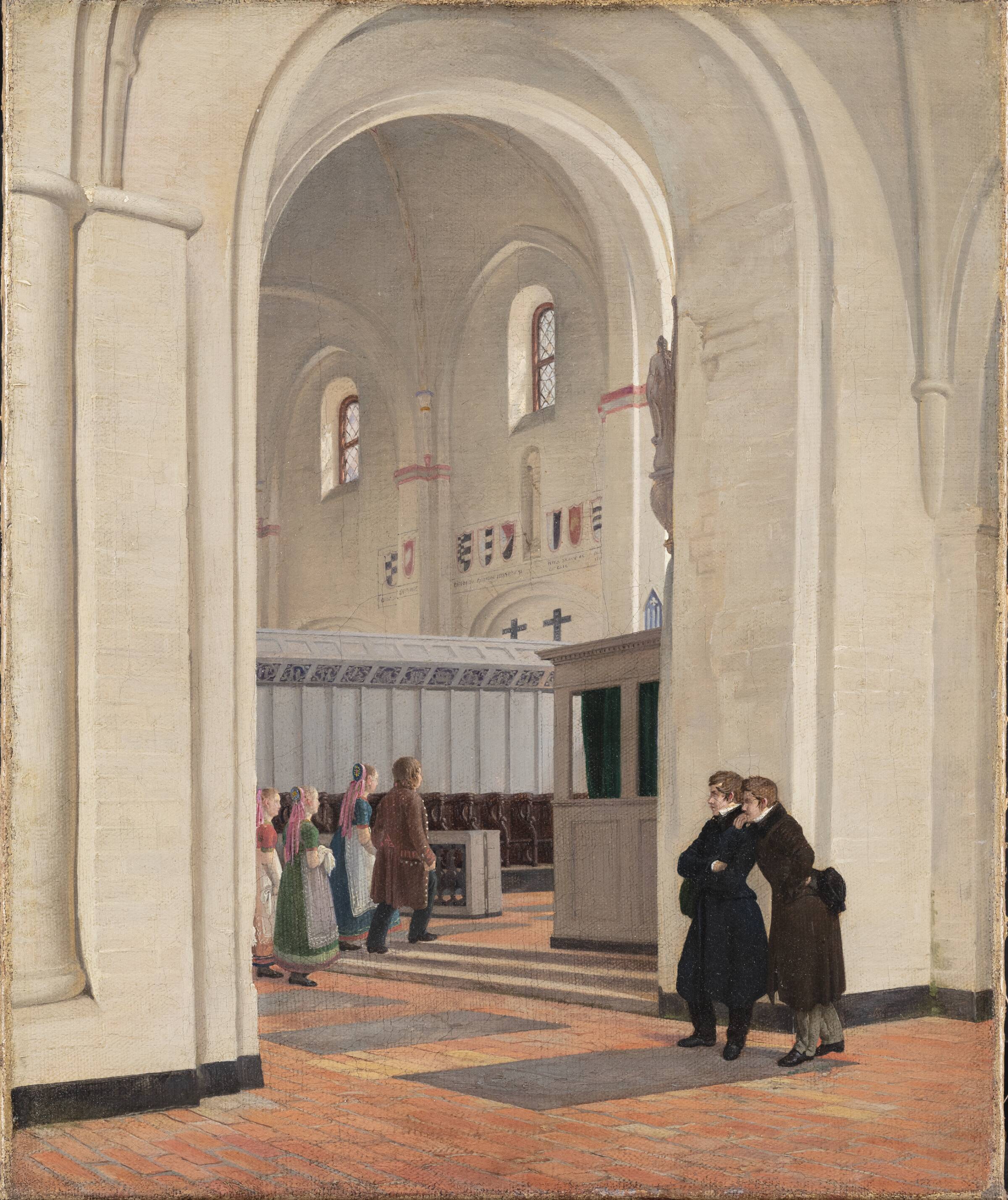 Parti af det indvendige af Ringsted Kirke. I forgrunden Constantin Hansen og Jørgen Roed, Constantin Hansen, 1829