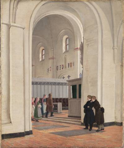 Parti af det indvendige af Ringsted Kirke. I forgrunden Constantin Hansen og Jørgen Roed