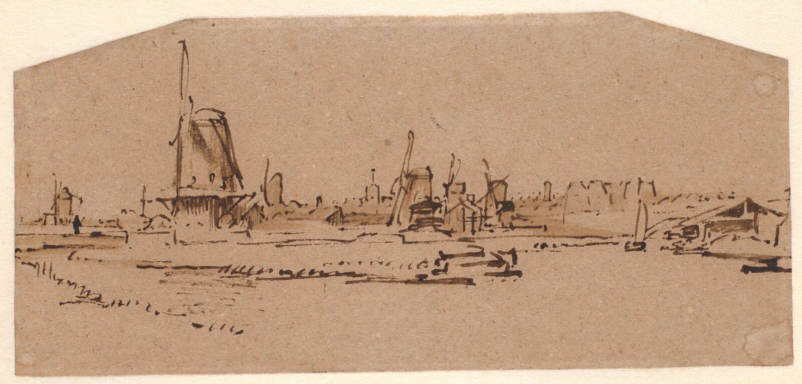 Landscape with Windmills on a Canal west of Amsterdam, by Rembrandt van Rijn, 1654-1655