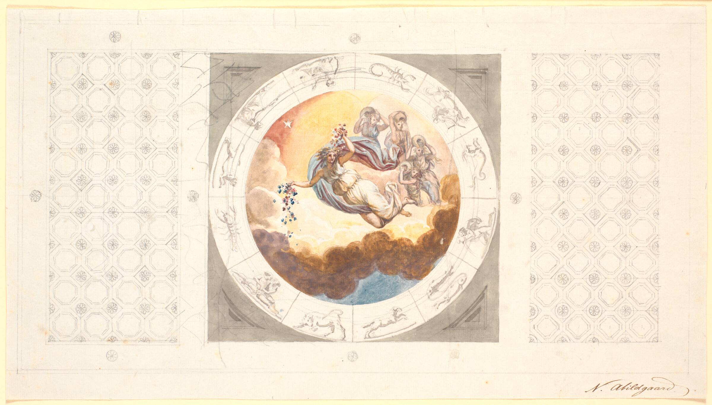 Udkast til loftsdekoration med kassetter og i midten et cirkelrundt billede med morgenen der udstrør blomster, Nicolai Abildgaard, 1743-1809
