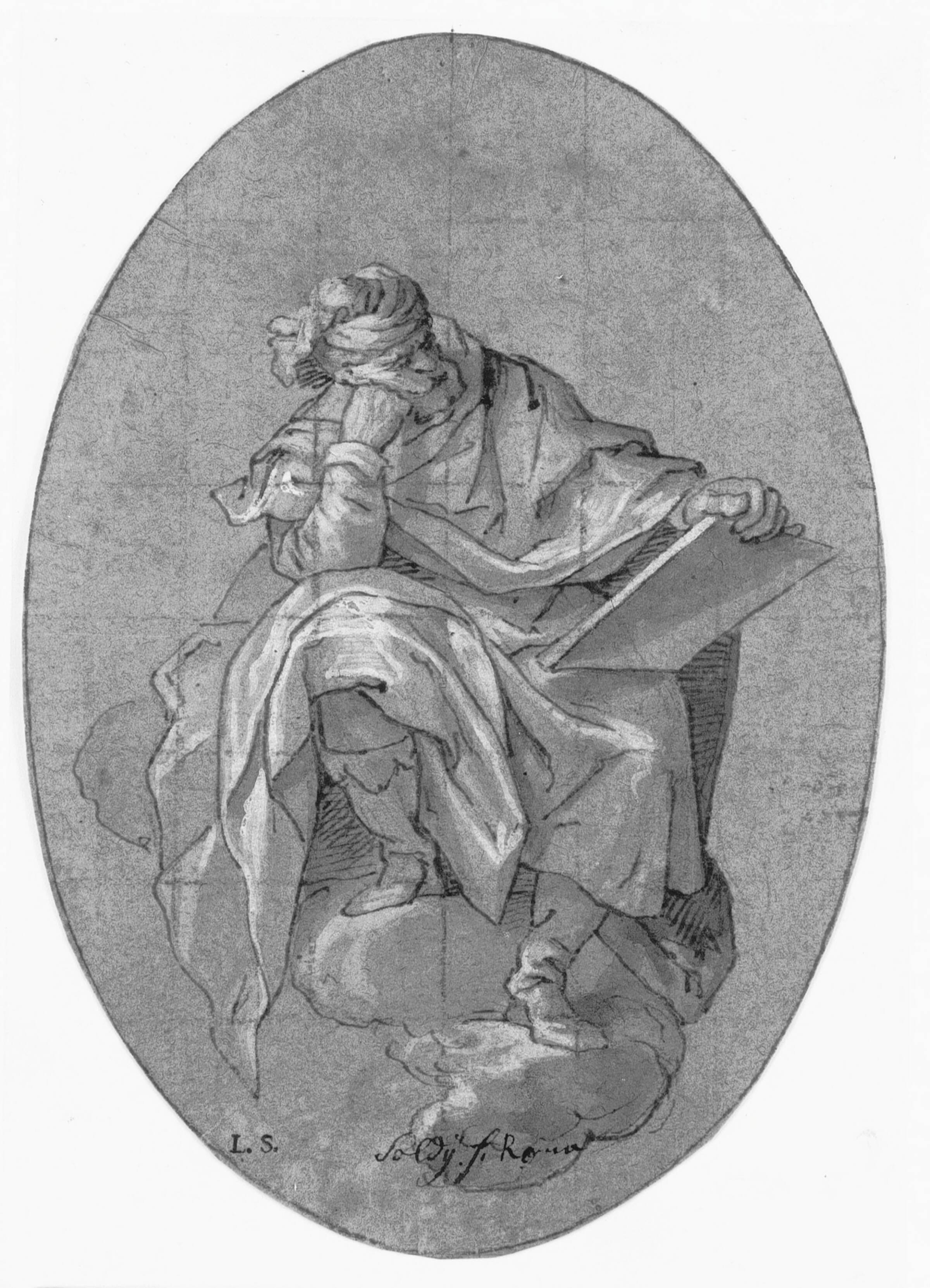 Mand med turban siddende med en tavle på en sky, Lazzaro Tavarone, 1556-1641