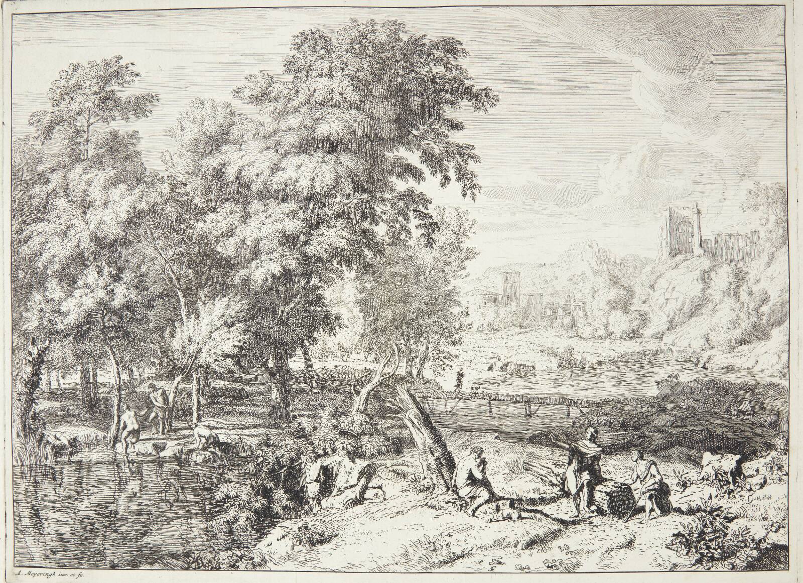 Landskab med badende, Albert Meyering, 1645-1714