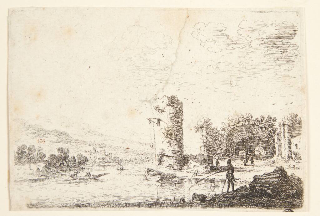Ruiner med et tårn ved en flodbred, Herman Saftleven, 1640